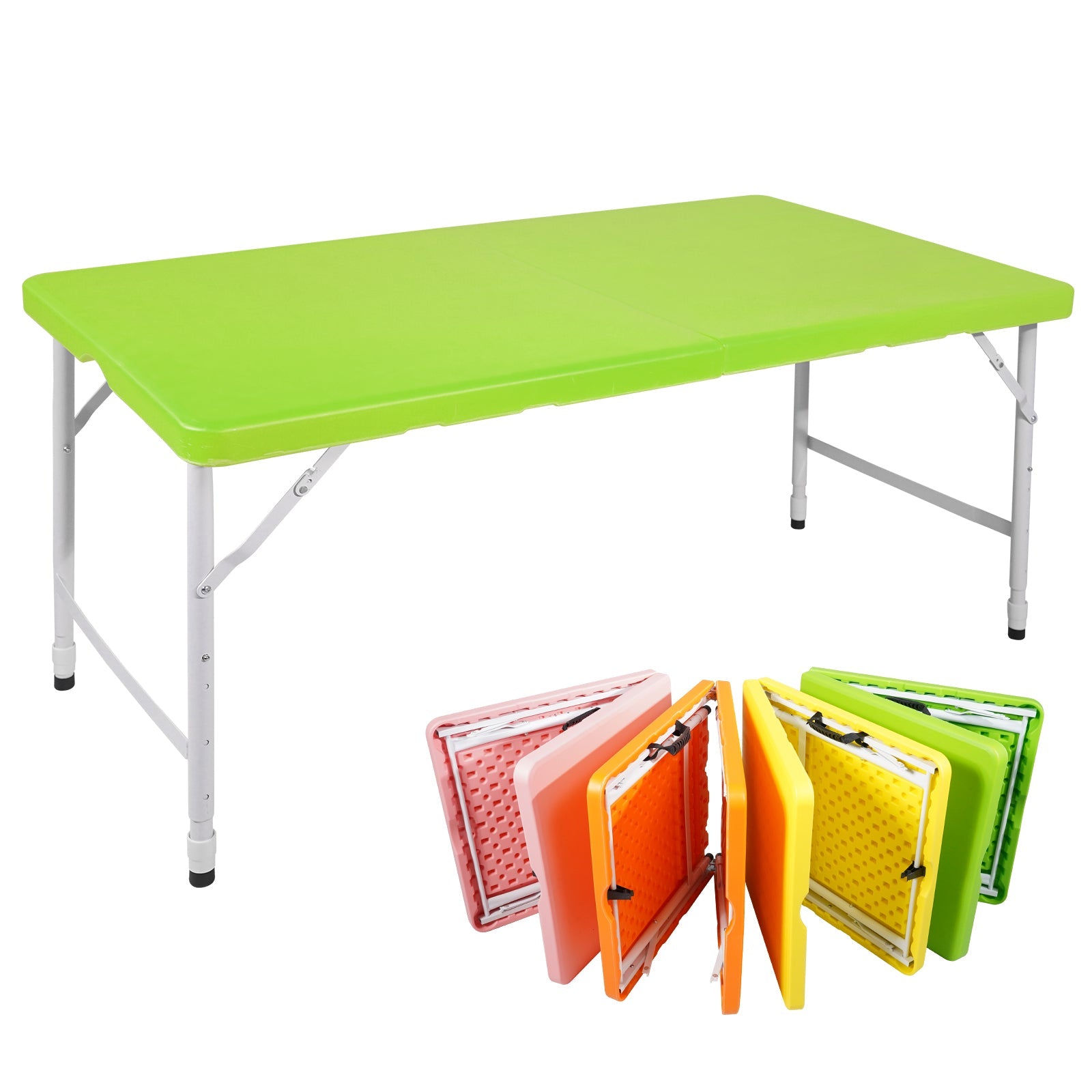 Portable Heavy Duty Folding Table with Handle, Adjustable Height, Multi-Functional for Camping, Picnic, Parties, Indoor/Outdoor, 125cm, 135kg Capacity, Green