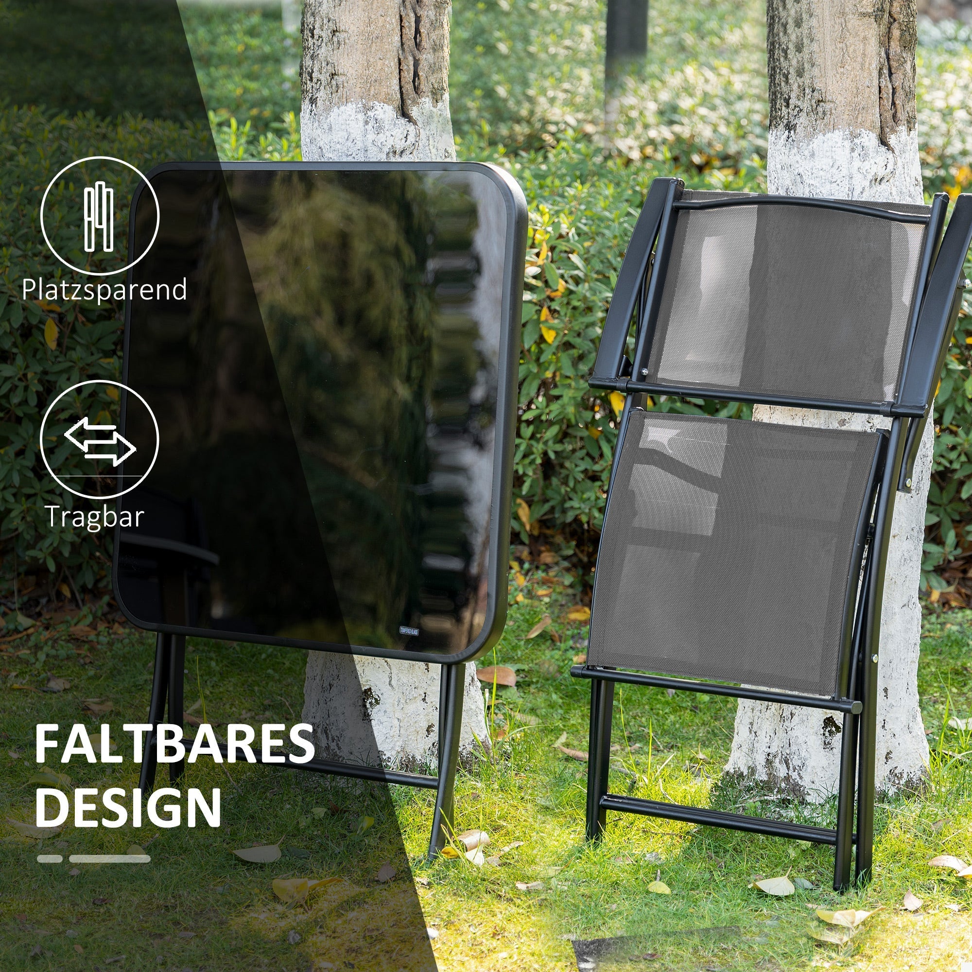 Klappbares Balkonset, 2-Sitzer-Tisch und Stühle, Metallgeflecht, Schwarz & Grau