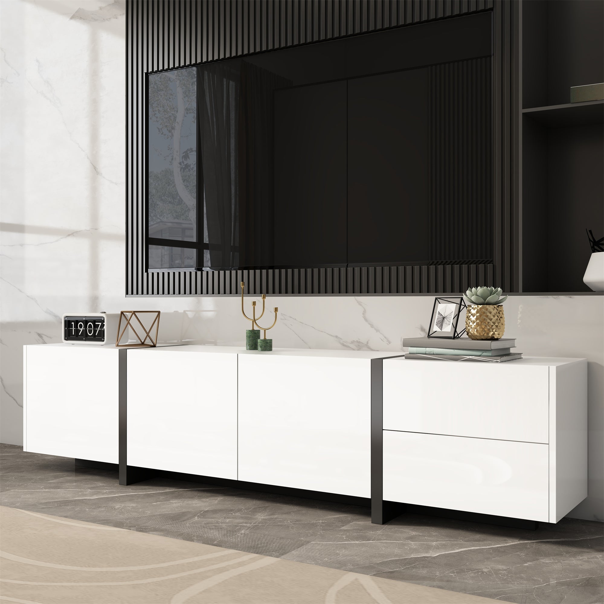 TV Cabinet, Lowboard, High-Gloss White with Black Legs