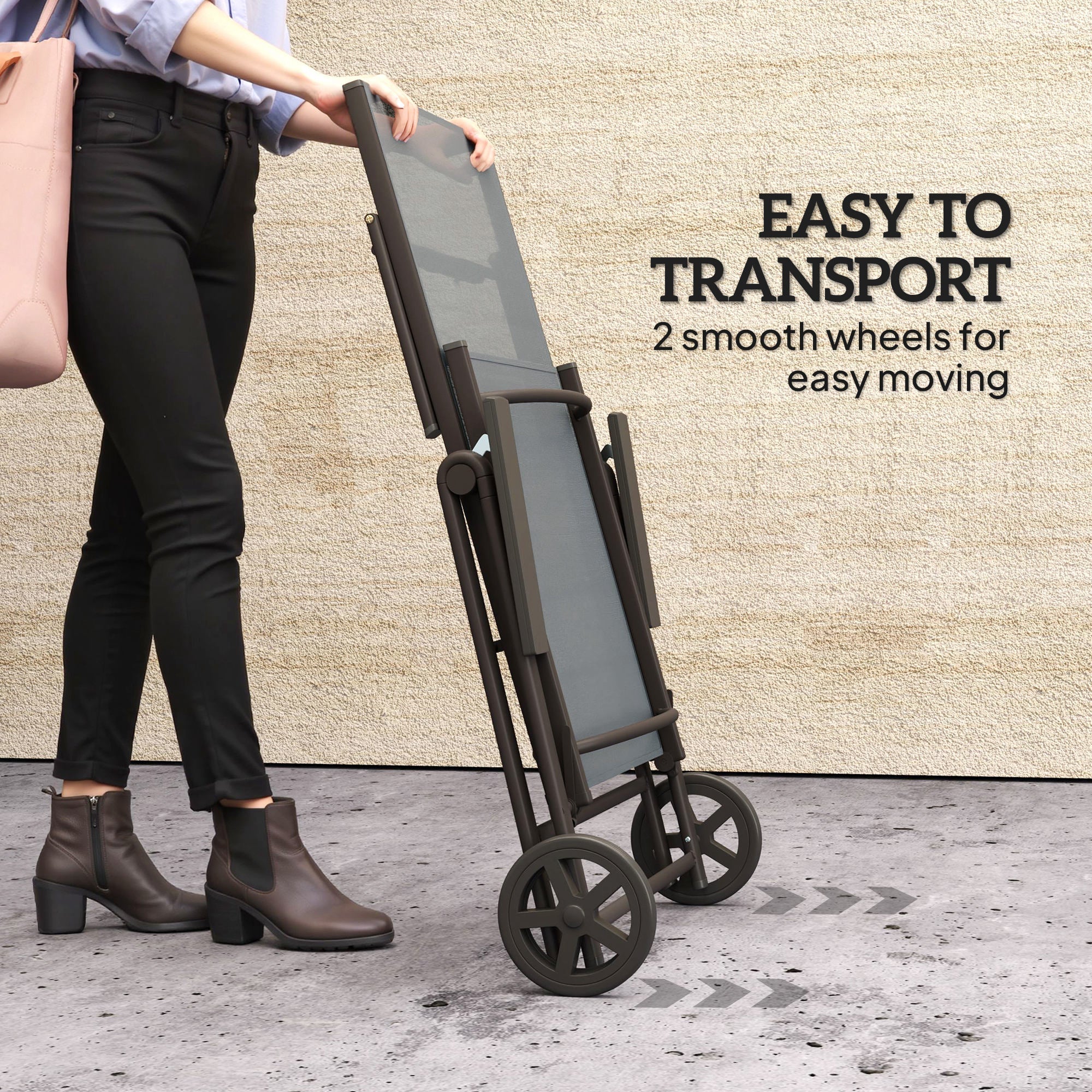 Folding Sun Lounger, 5-Position Adjustable Reclining with Wheels, Metal Frame Grey