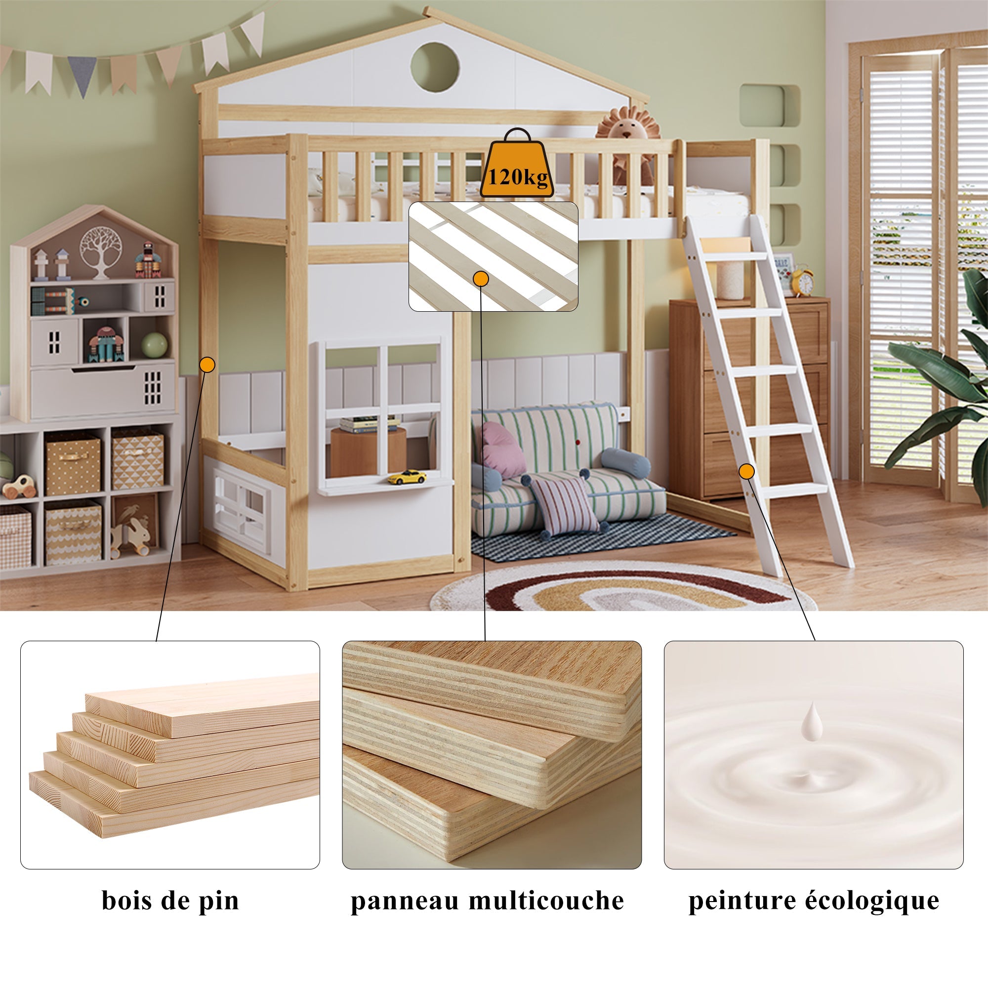 Bunk Bed, House Bed with Stairs & Rails, Pine+MDF, White+Natural