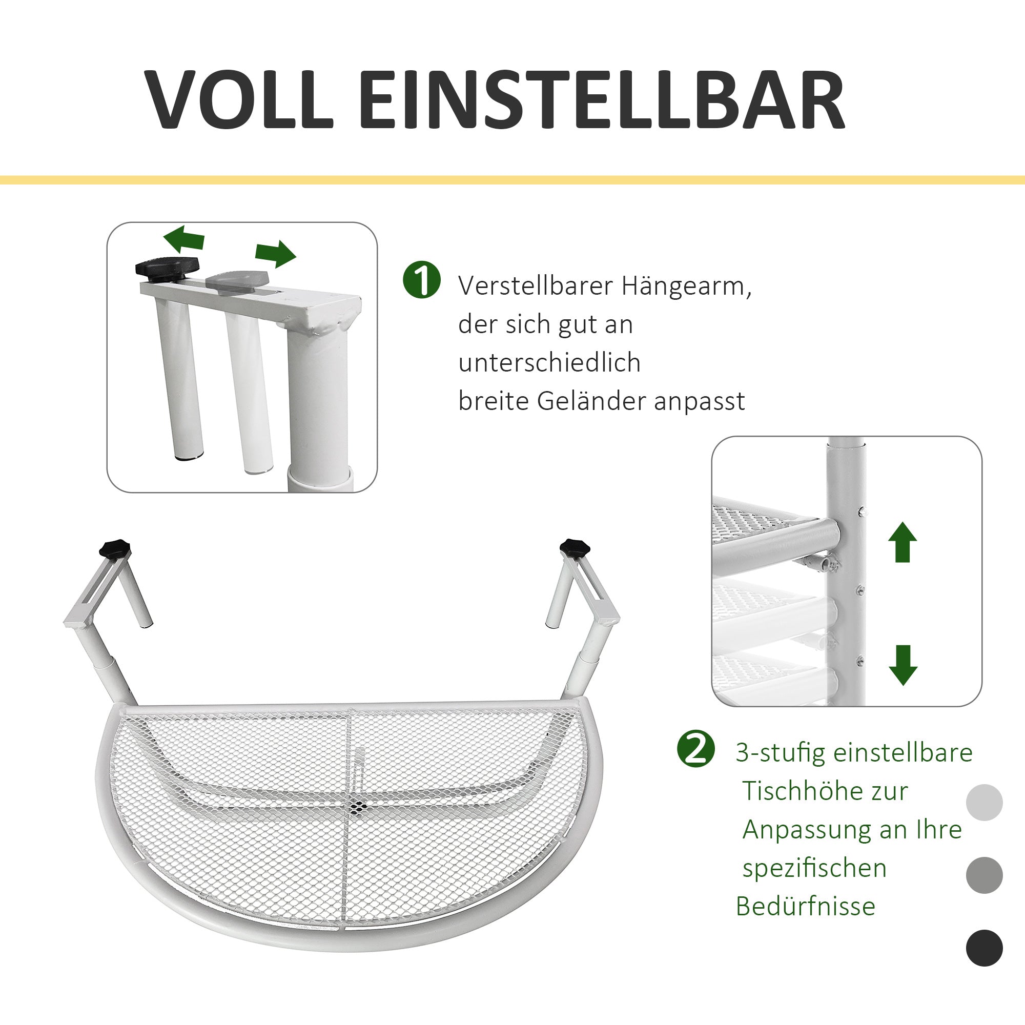 Balcony Hanging Table, Adjustable Semi-Circular Garden Table, Metal White