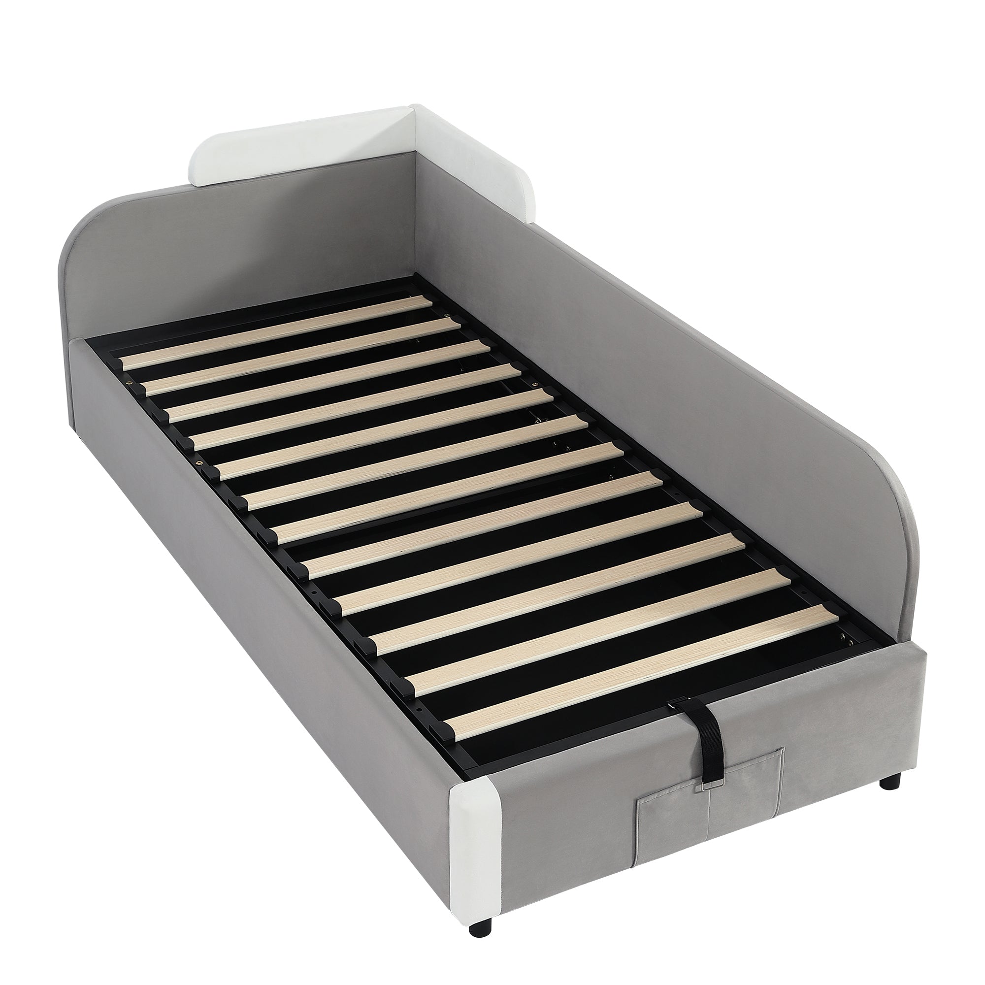 Hydraulic Bed, Storage Space, Raised Soft Fence, Velvet + Plywood, Grey