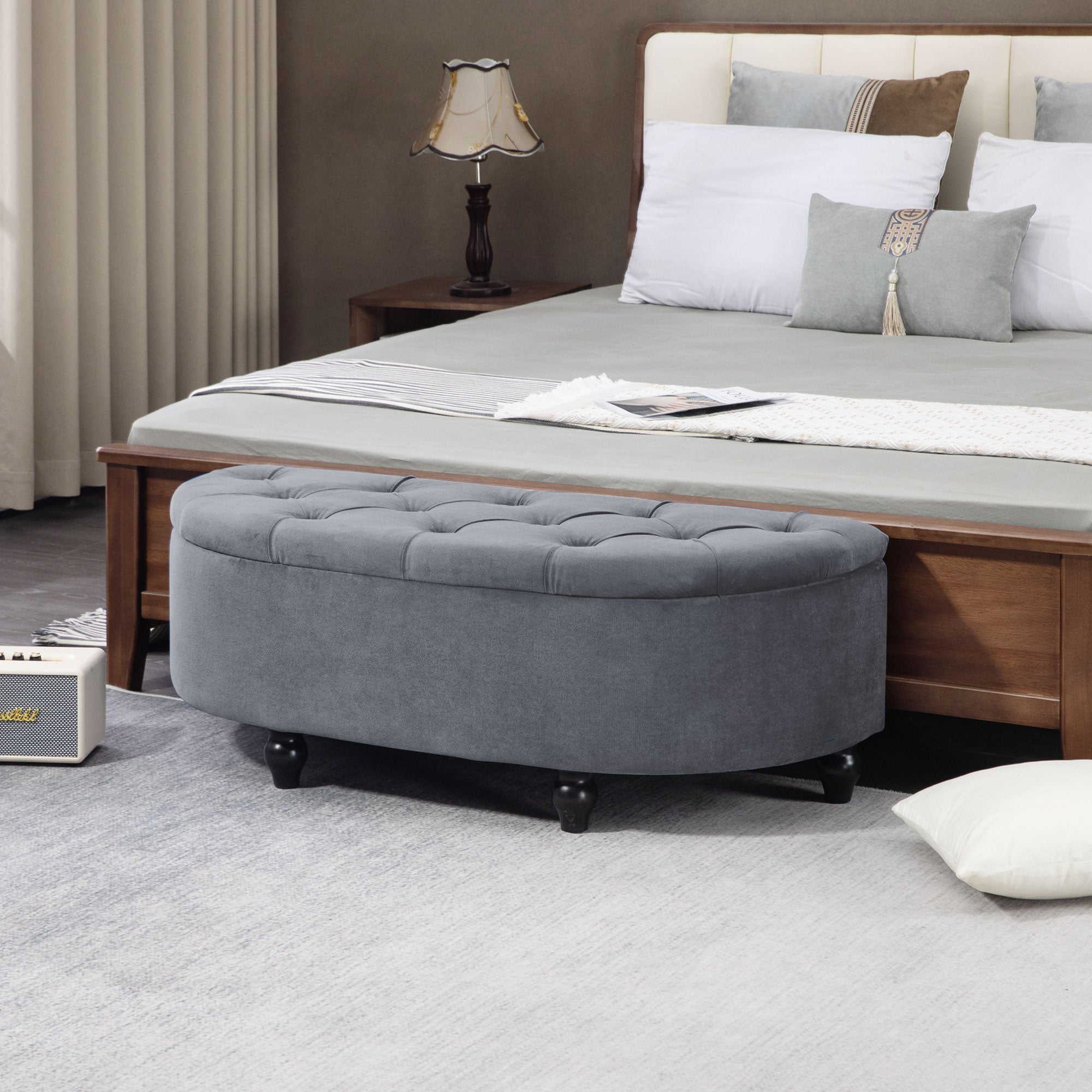 Velvet-Feel Half Circle Storage Ottoman - Dark Grey