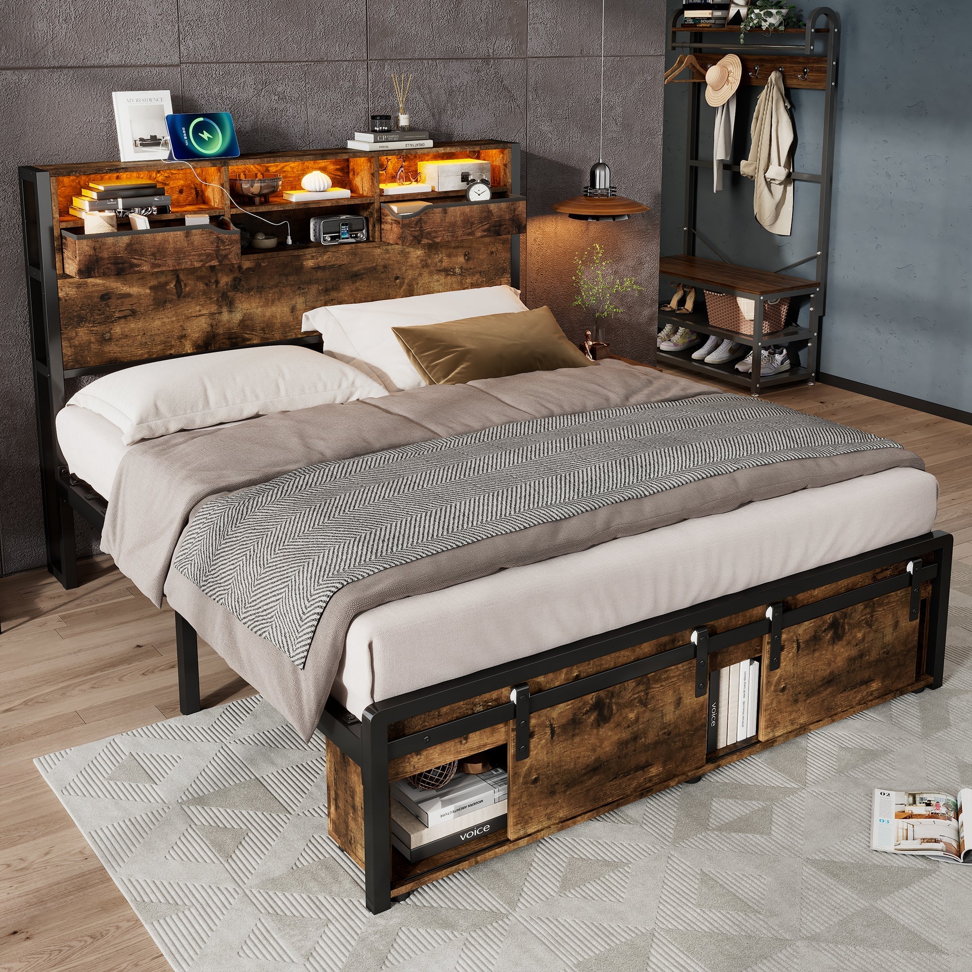 Metal Iron Bed 4ft6 Double 135x190cm with Multi-Color LED Lights, Charging Port (2A/1C), Storage, Black + Wood