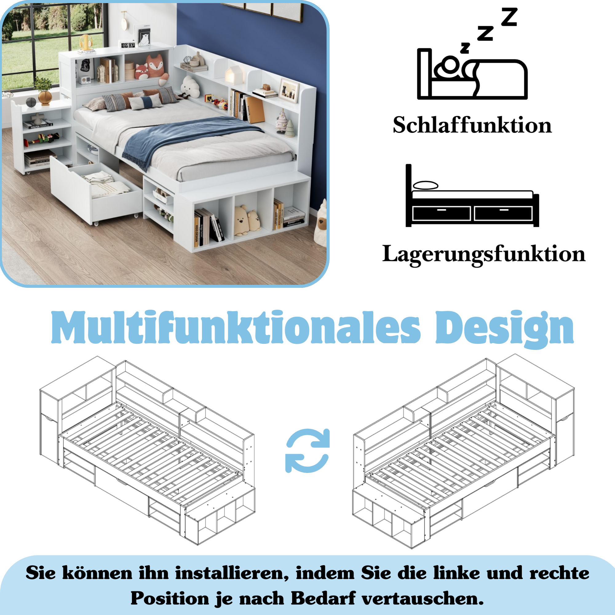 Children's Single Bed 90x200cm Storage Drawers Bookshelf - White