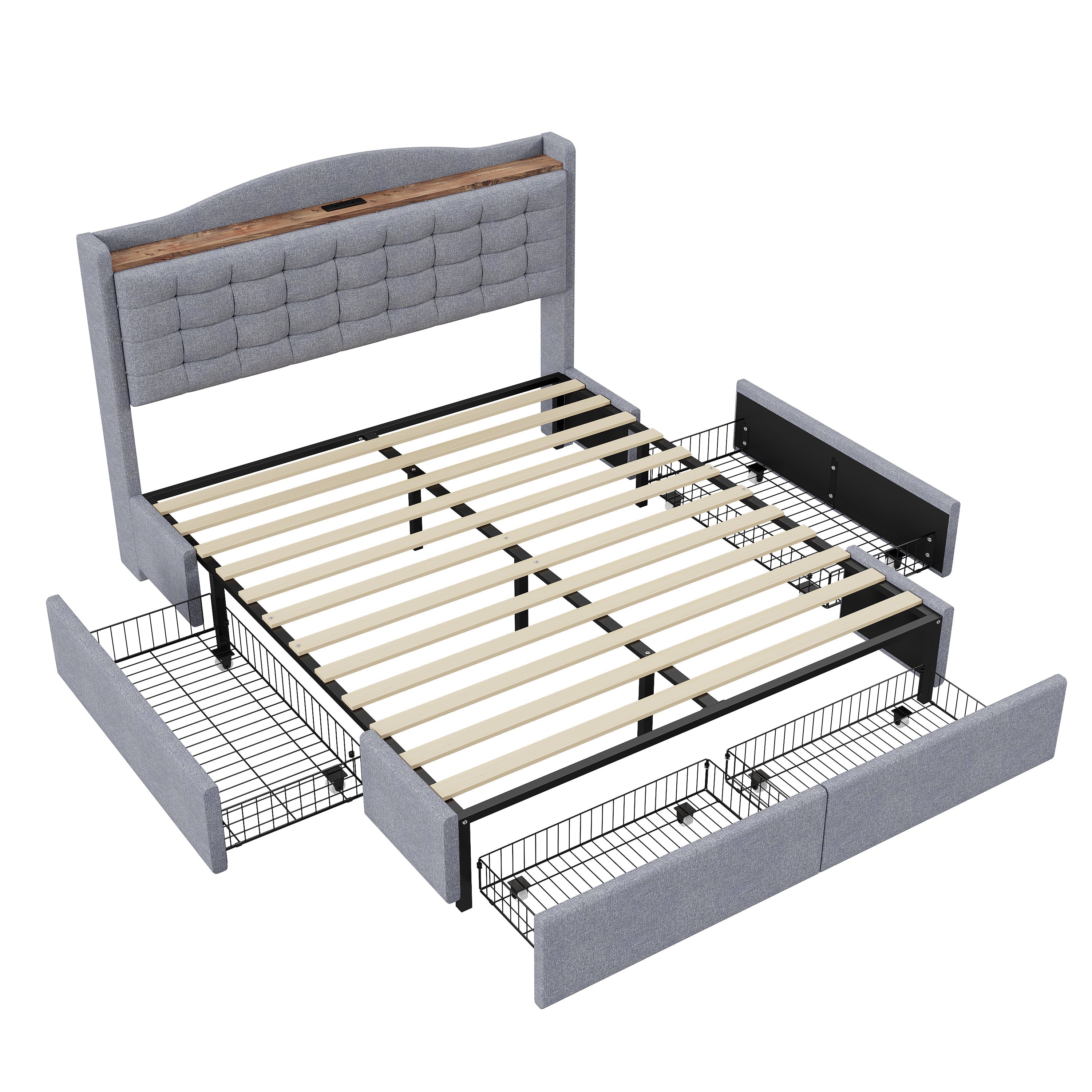 Upholstered Bed 140x200cm with USB & Storage, 4-Drawer, Linen Fabric Gray