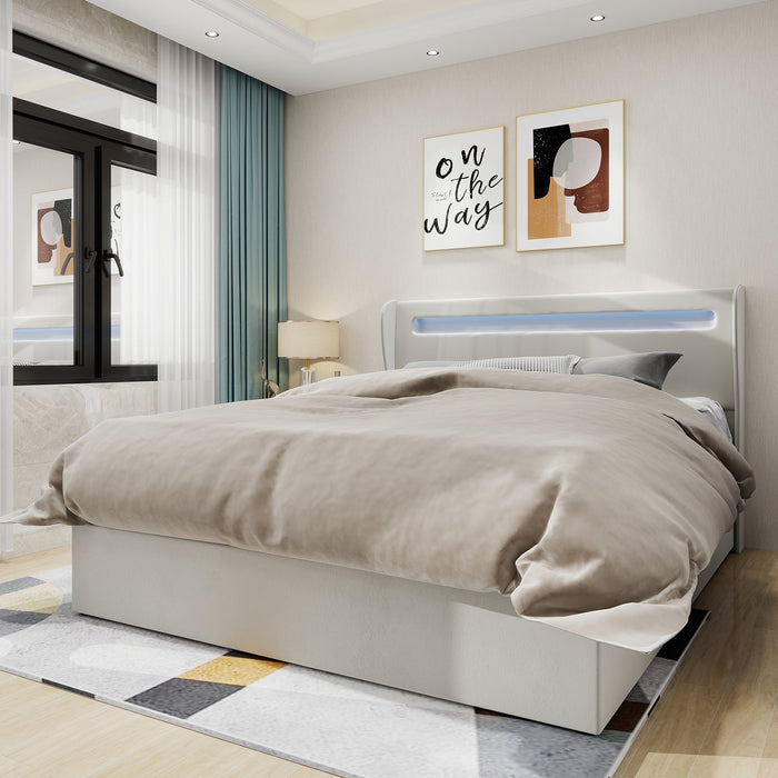 Modern Minimalist Upholstered Bed with LED Headboard, 140x200 cm, Beige