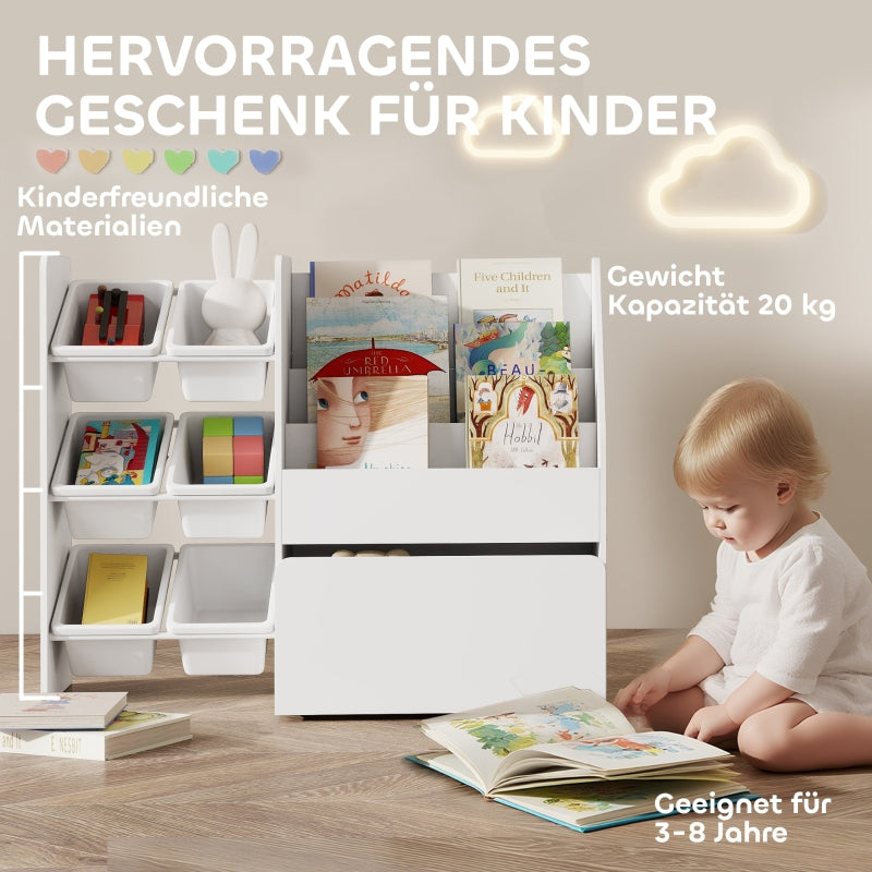Children's Toy Shelf, 6 Containers Book Display Rolling Box 100x30x80cm, MDF Steel White