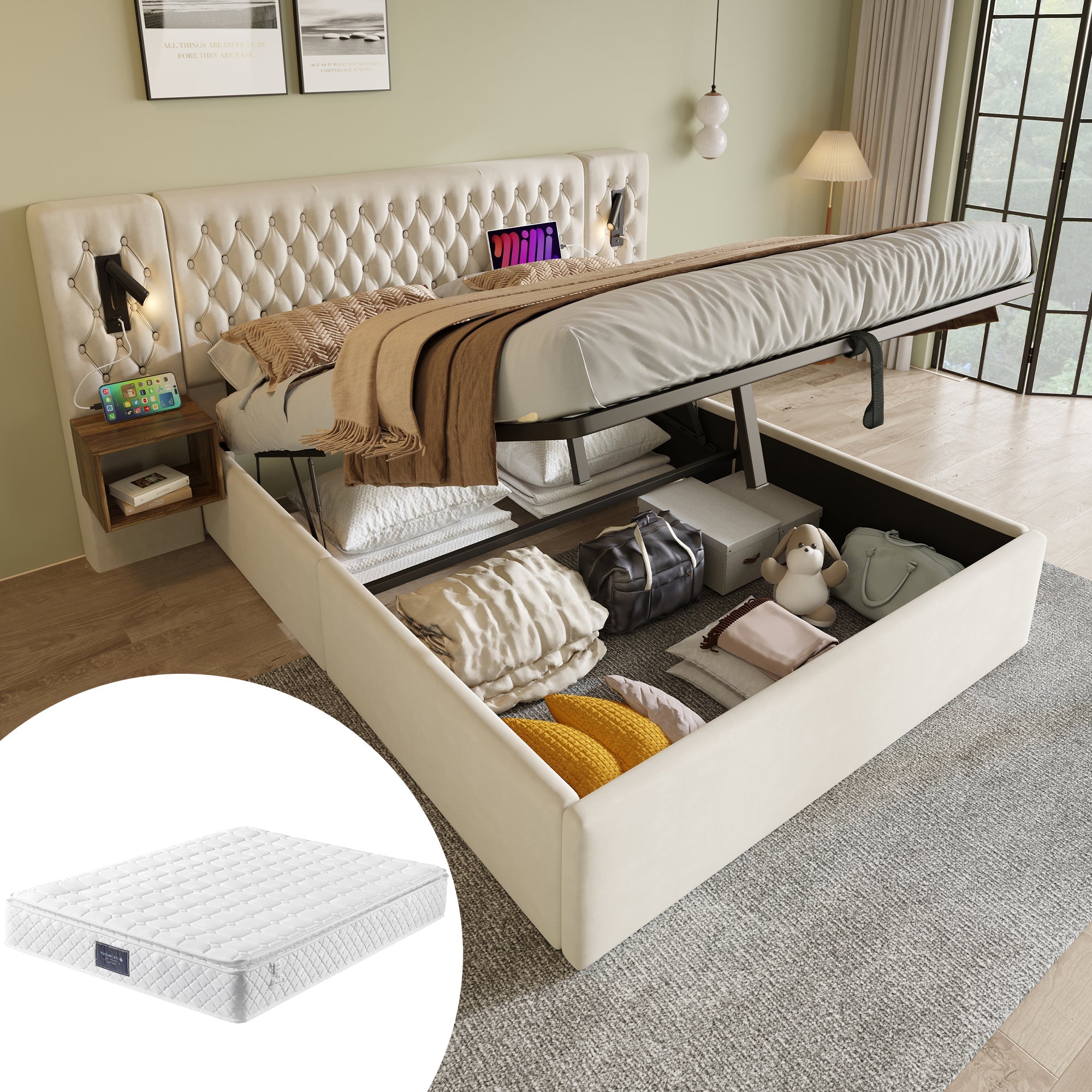 Bedroom Complete Set, Upholstered Hydraulic Storage Bed 160×200 cm, 2 Bedside Tables, Headboard Reading Light with USB Charging, Beige Velvet