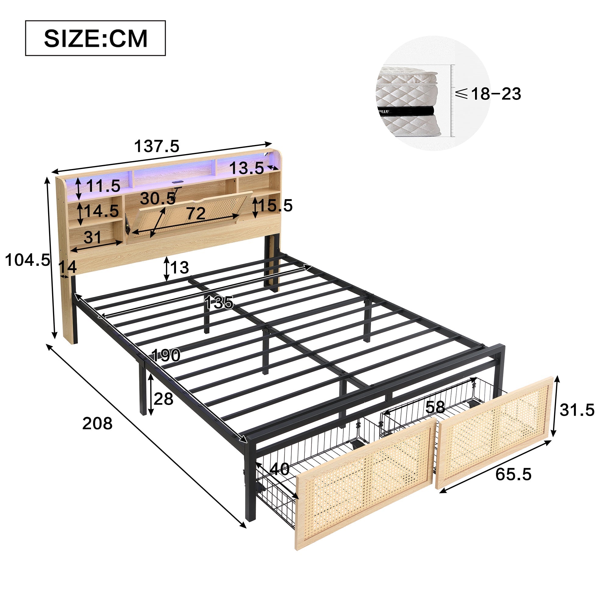 Wooden Bed, Charging Port, LED Strip Light, 4ft6 Double, Wood Colour
