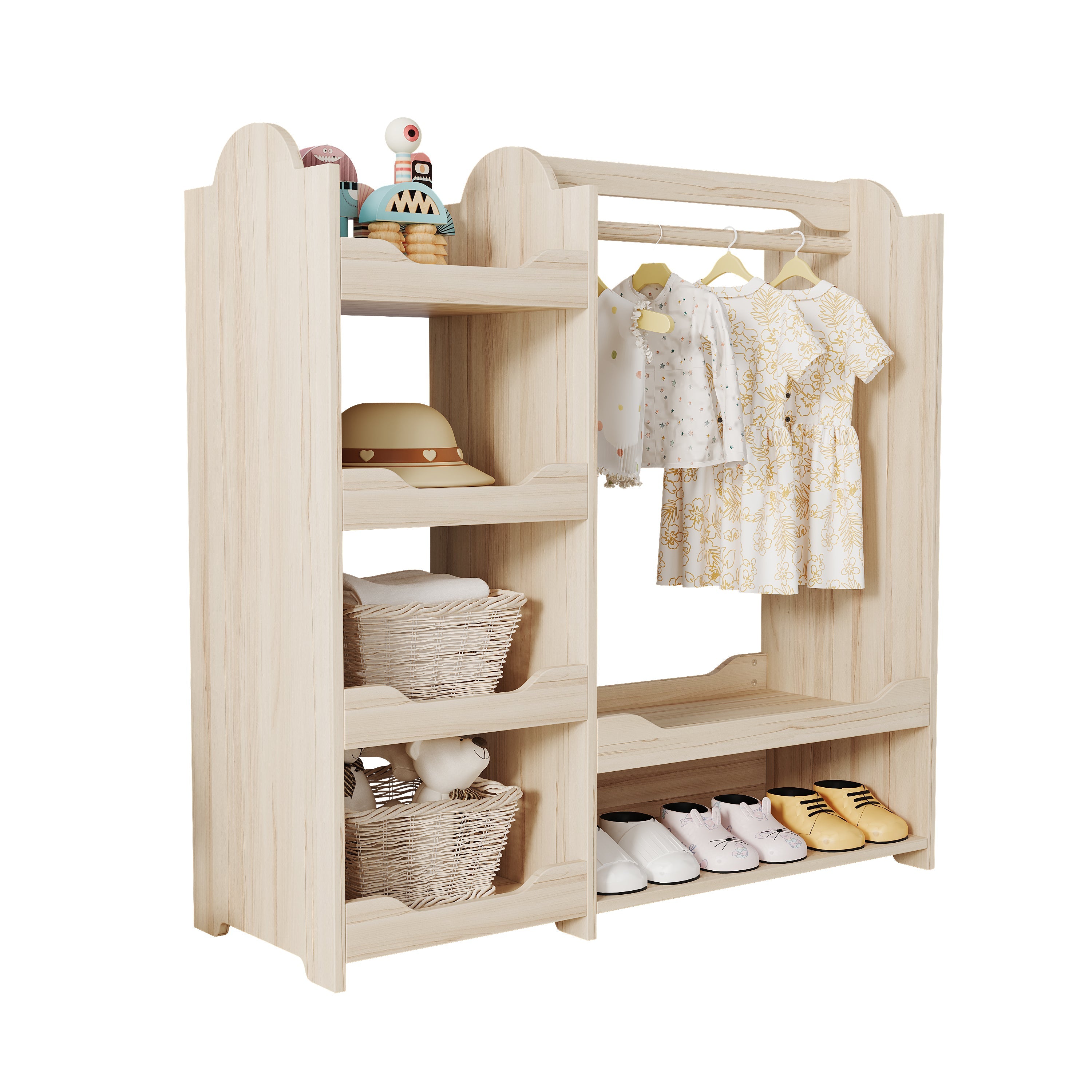 Children's Wardrobe Freestanding with Clothes Rail & 4 Shelves, Natural Wood