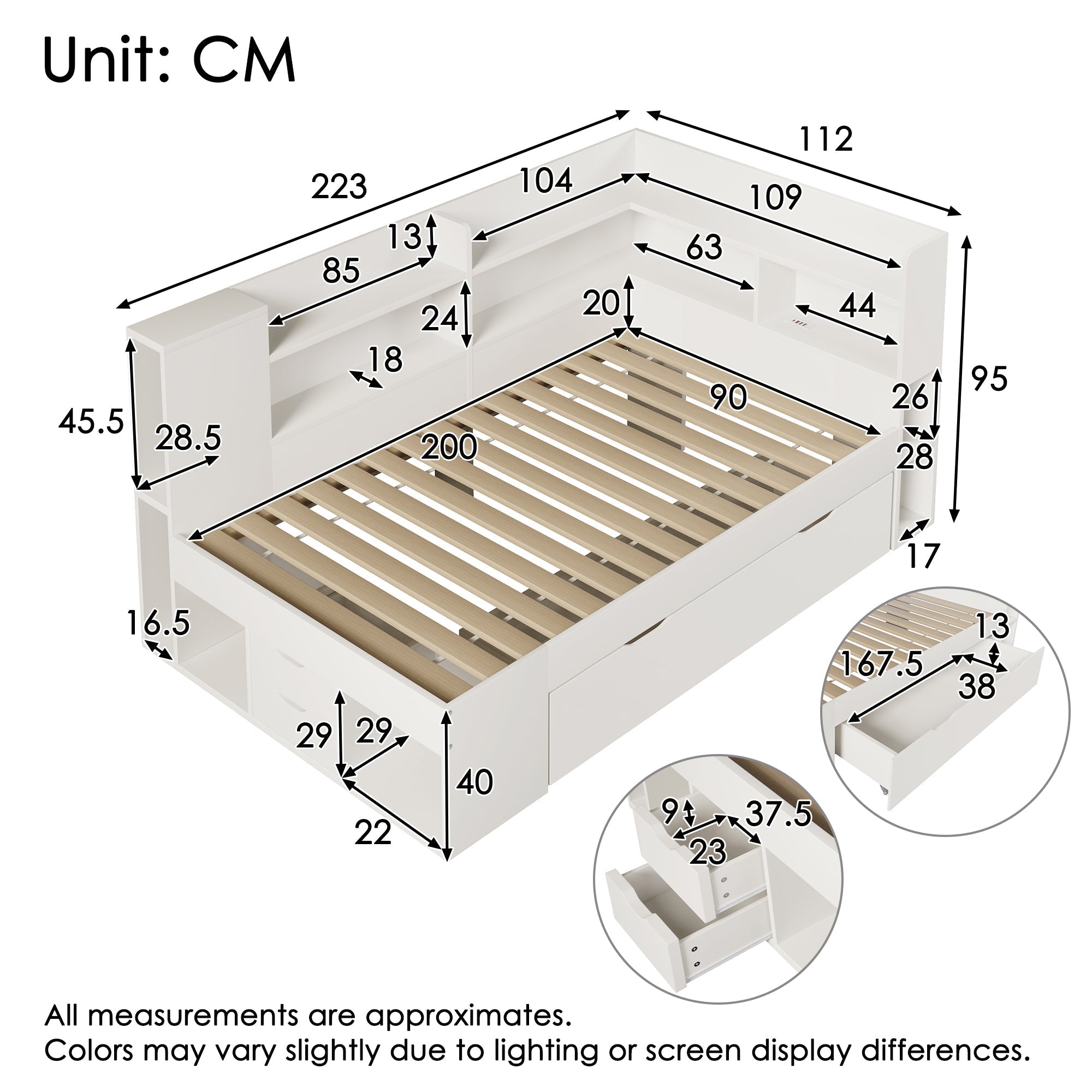 Daybed with LED, Charging Station and Storage, 90x200cm, White Wood-based Material