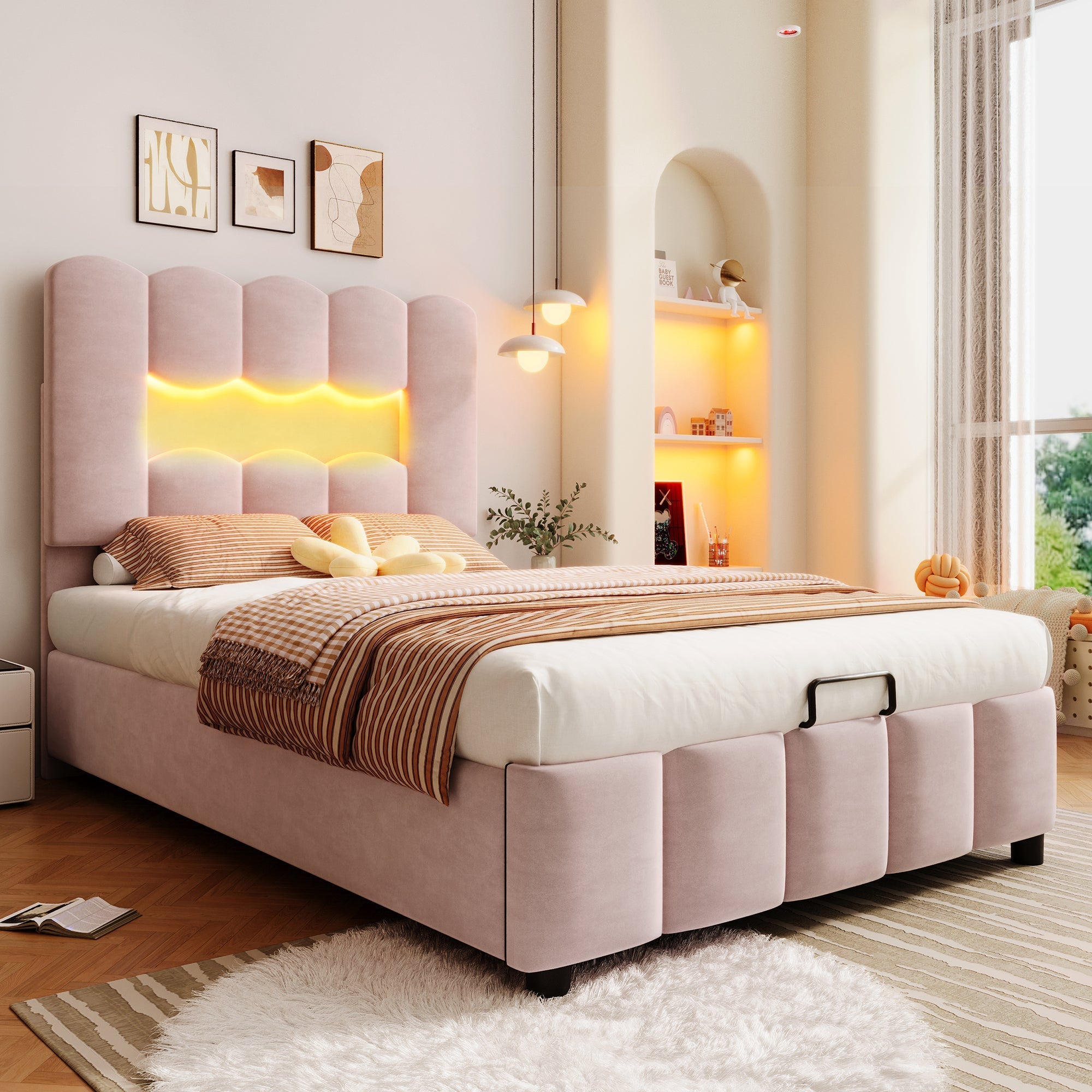 Upholstered Bed 90x200cm Hydraulic LED Adjustable Headboard, Velvet Pink
