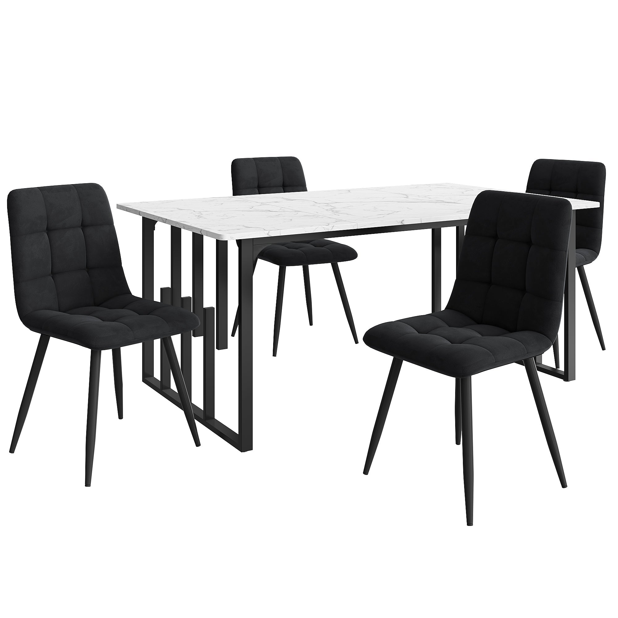 Dining Set (5-piece), 140x80cm Table with Black Metal Legs, White MDF & Black Velvet