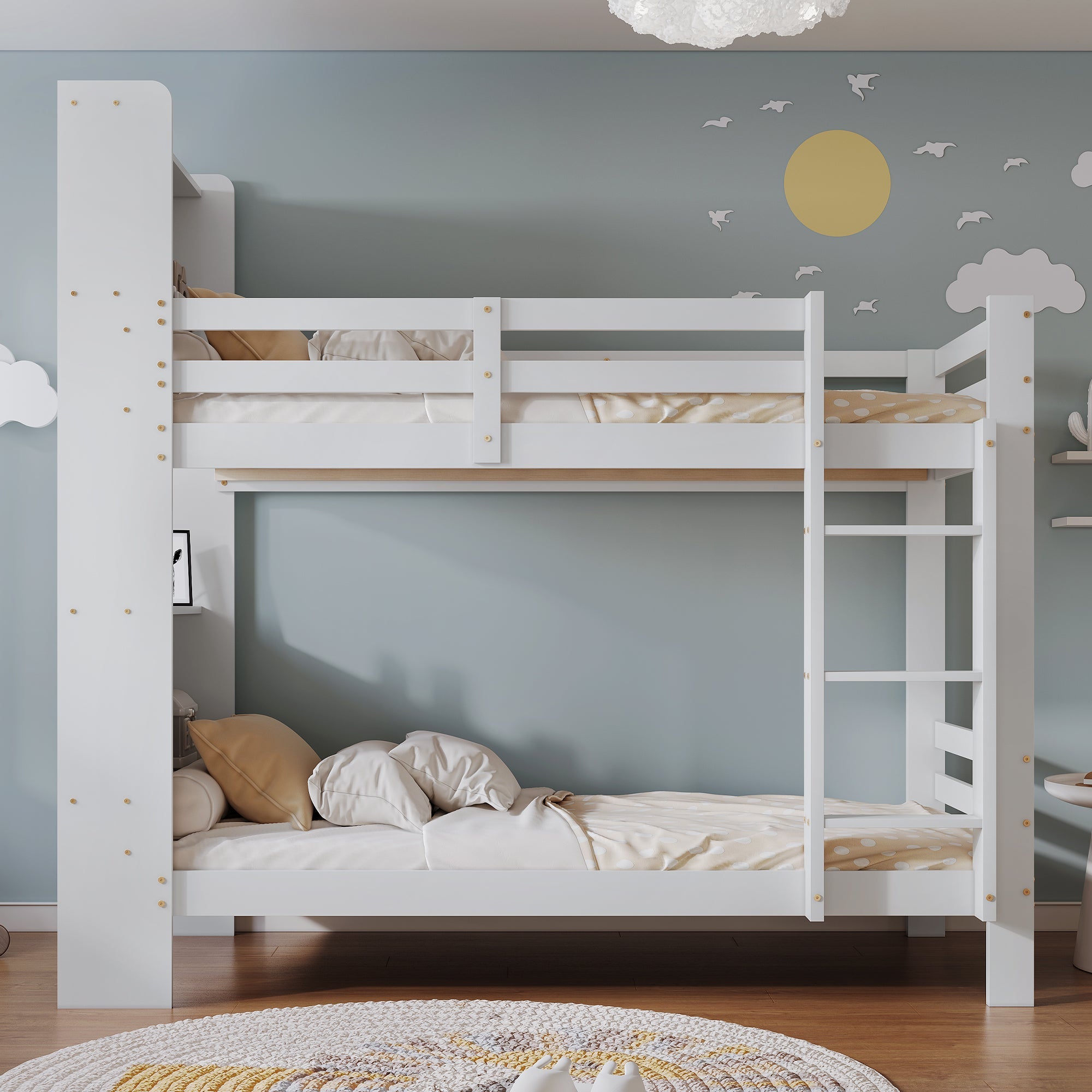 Bunk Bed with Shelves, Ladder & Storage, Solid Wood, White