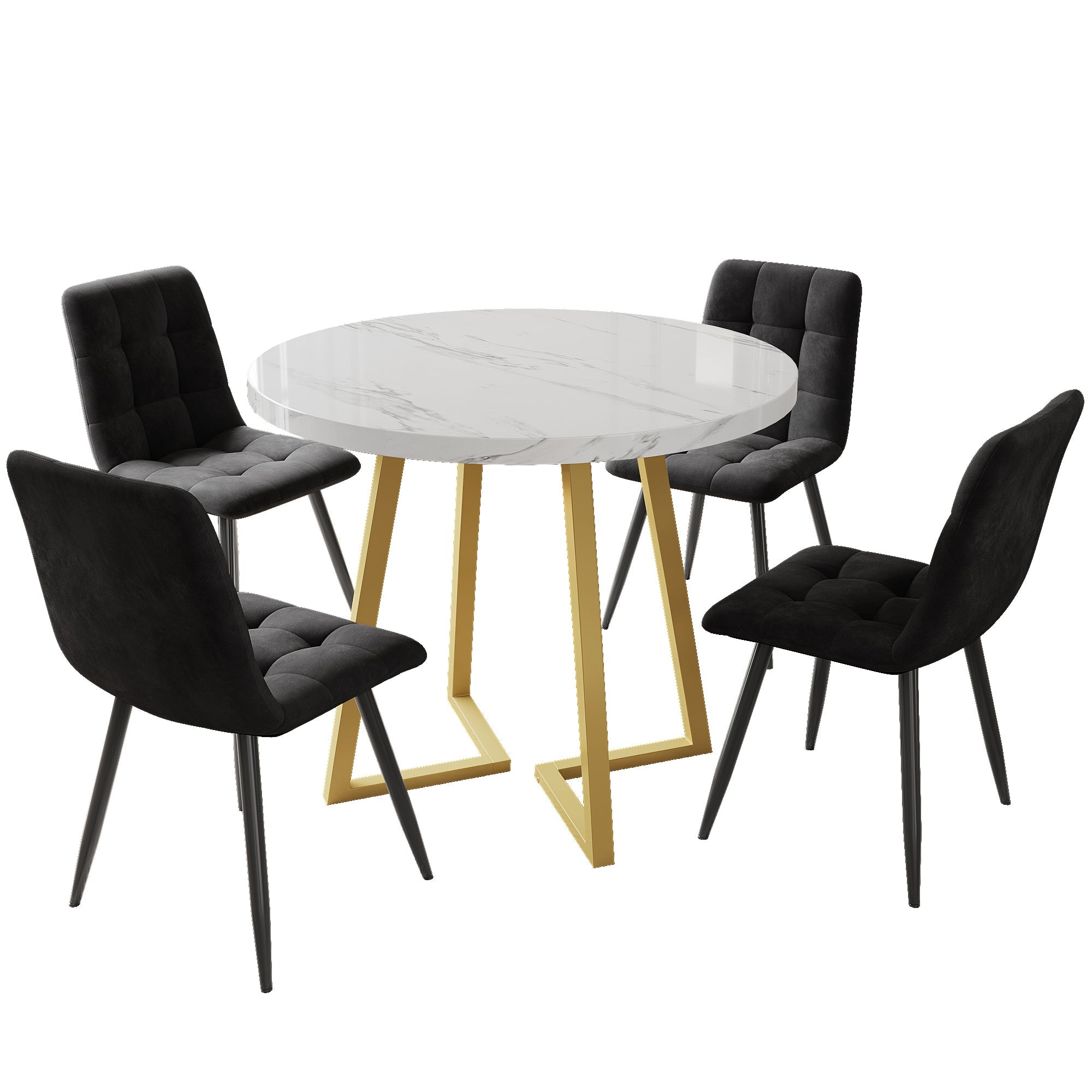 Dining Table Set (5-piece) Round 80cm Kitchen Table White MDF, Gold Metal/Black Velvet
