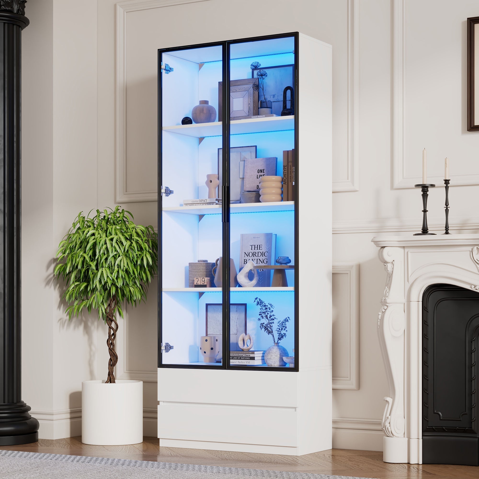 Display Cabinet 80x34x200cm Tall with LED Lights 2 Doors Aluminum Frame White