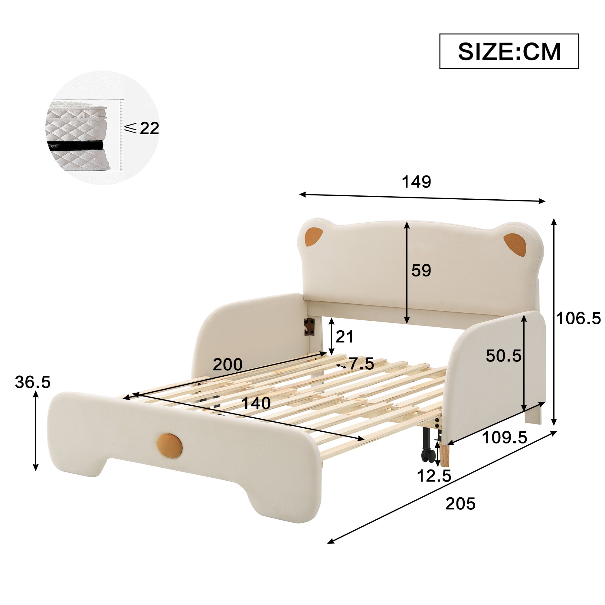 Bear-shaped Double Bed, Upholstered Children's Day Pull-out, Velvet Beige with White Sponge Mattress