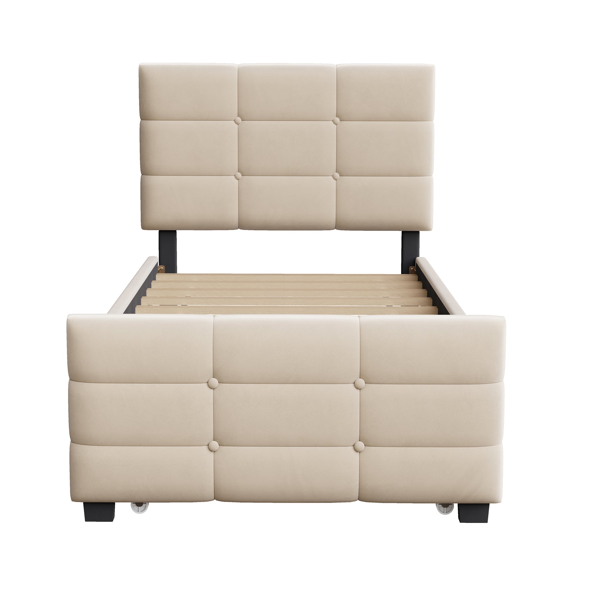 Upholstered Single Bed with Pull-out Guest Bed and Slatted Frame, 90x190cm, Beige Velvet