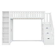 Loft Bed with Storage Stairs, Shelves and Wardrobe, Solid Wood White and Wood Color