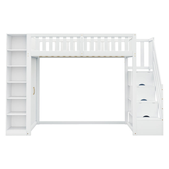 Loft Bed with Storage Stairs, Shelves and Wardrobe, Solid Wood White and Wood Color
