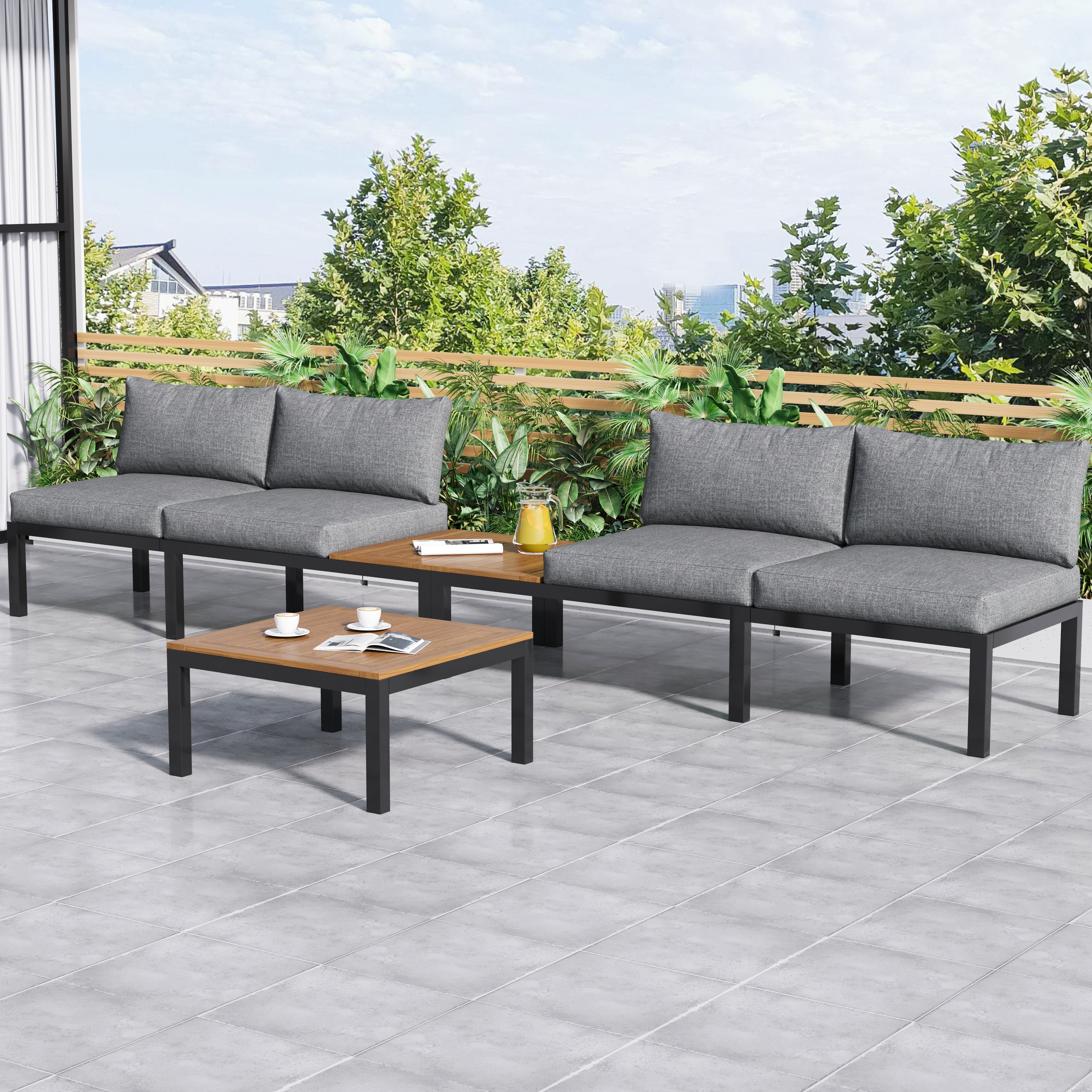 Outdoor Patio & Backyard Furniture Garden Lounge Set for 4, Space Saving L-Shaped Corner Sofa with Wooden Table, Grey