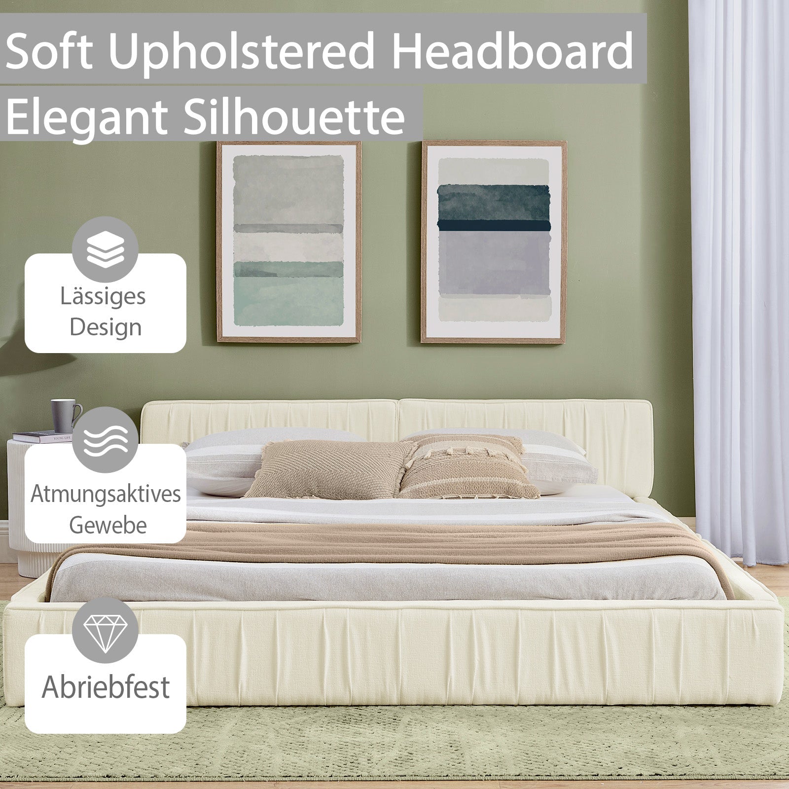 Double Bed 140x200cm Chenille Cover Eucalyptus Frame - Beige