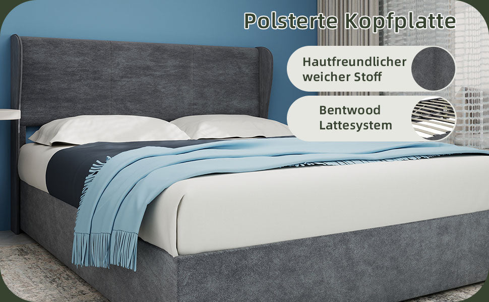 Upholstered Bed, Modern Minimalist with Gas Lift Storage, Grey