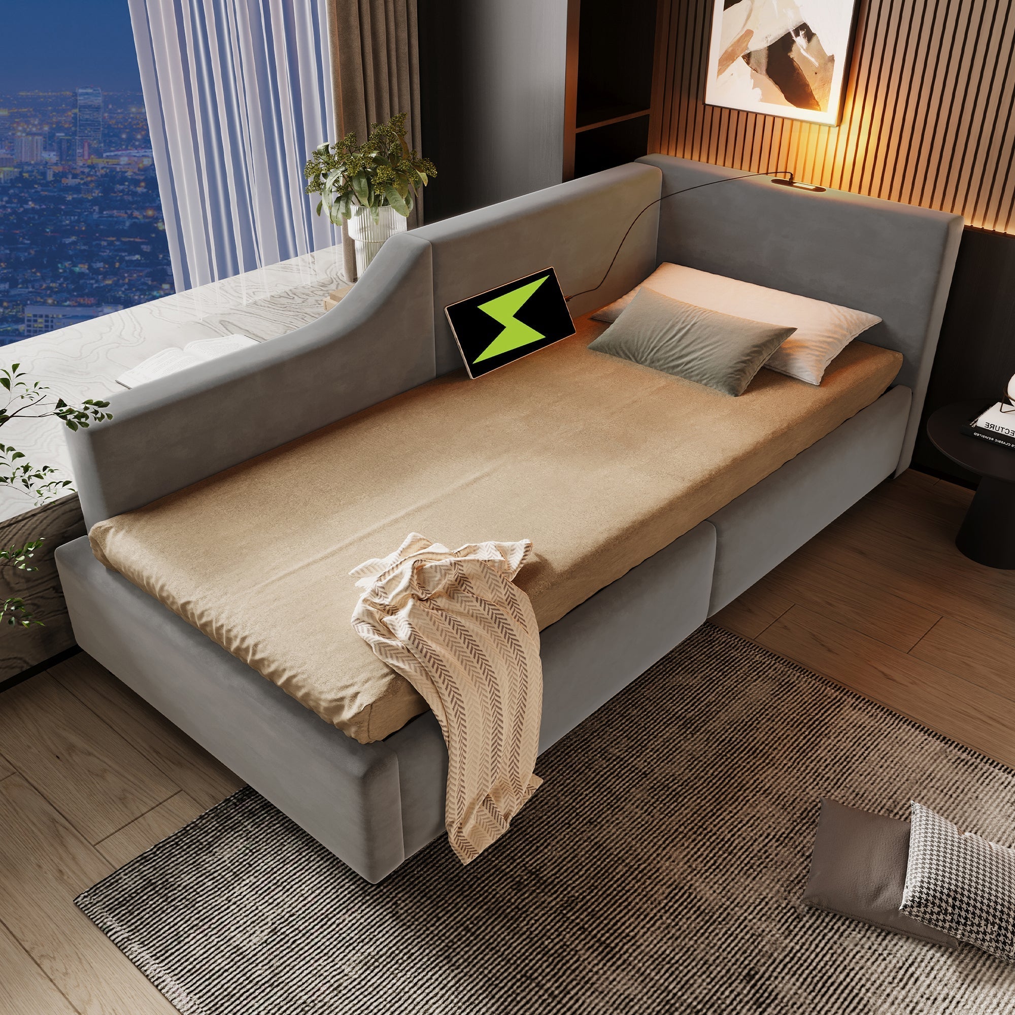 Upholstered Daybed 90x190cm, Sofa Bed with Hydraulic Storage & USB-C, Velvet Grey