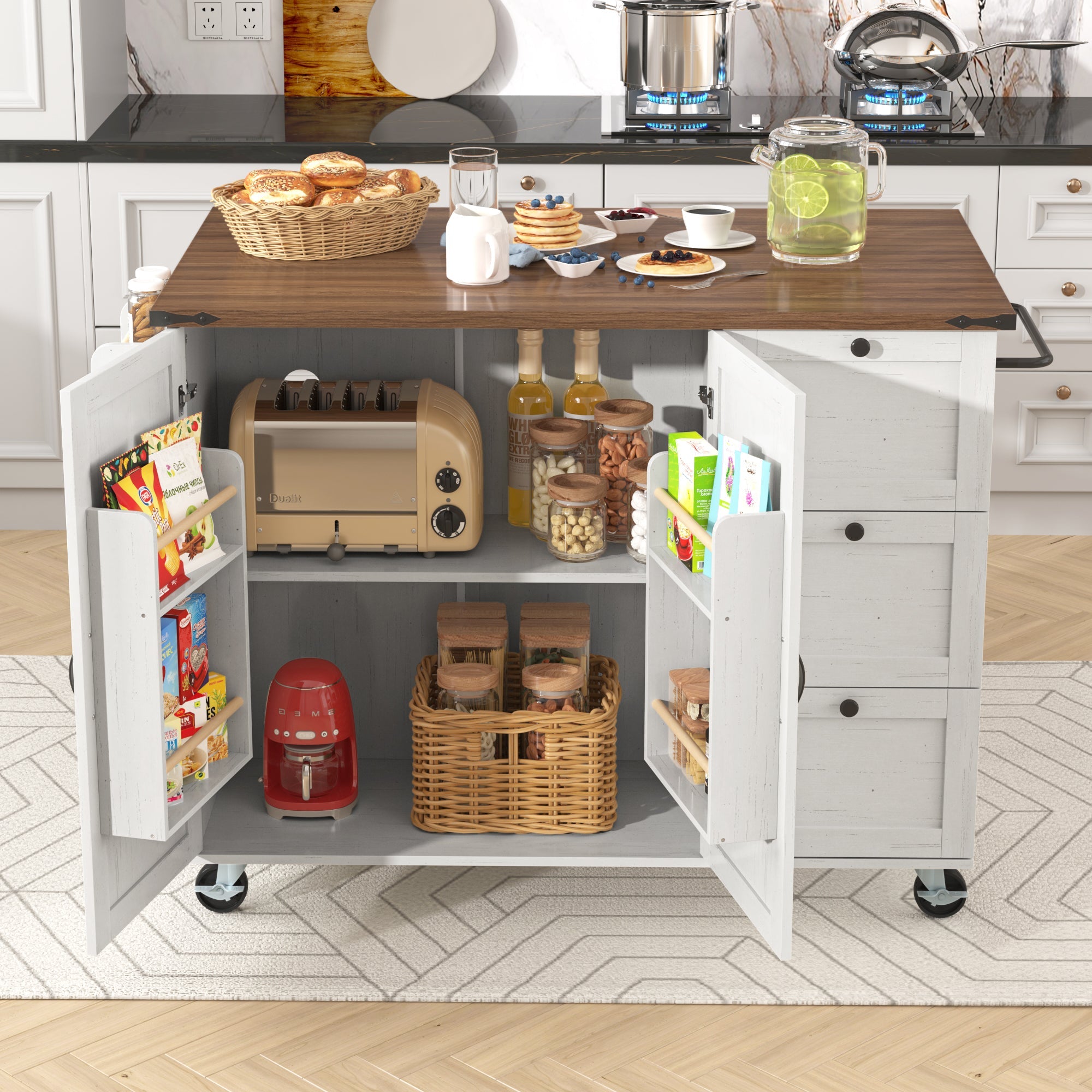 Kitchen Island Serving Trolley Extendable Worktop Storage Cabinet 2 Doors 3 Drawers, Wood Grain Finish
