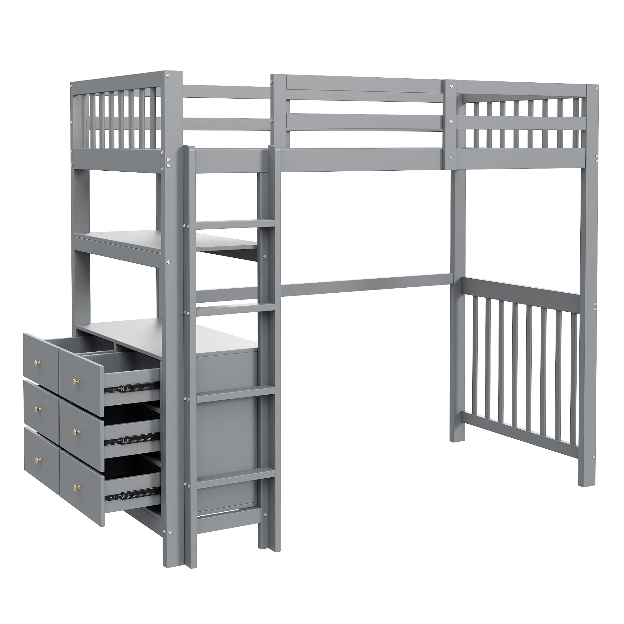 Loft Bed, 90x200cm with Ladder, Drawers, Shelves, Slatted Frame, Pinewood, Grey