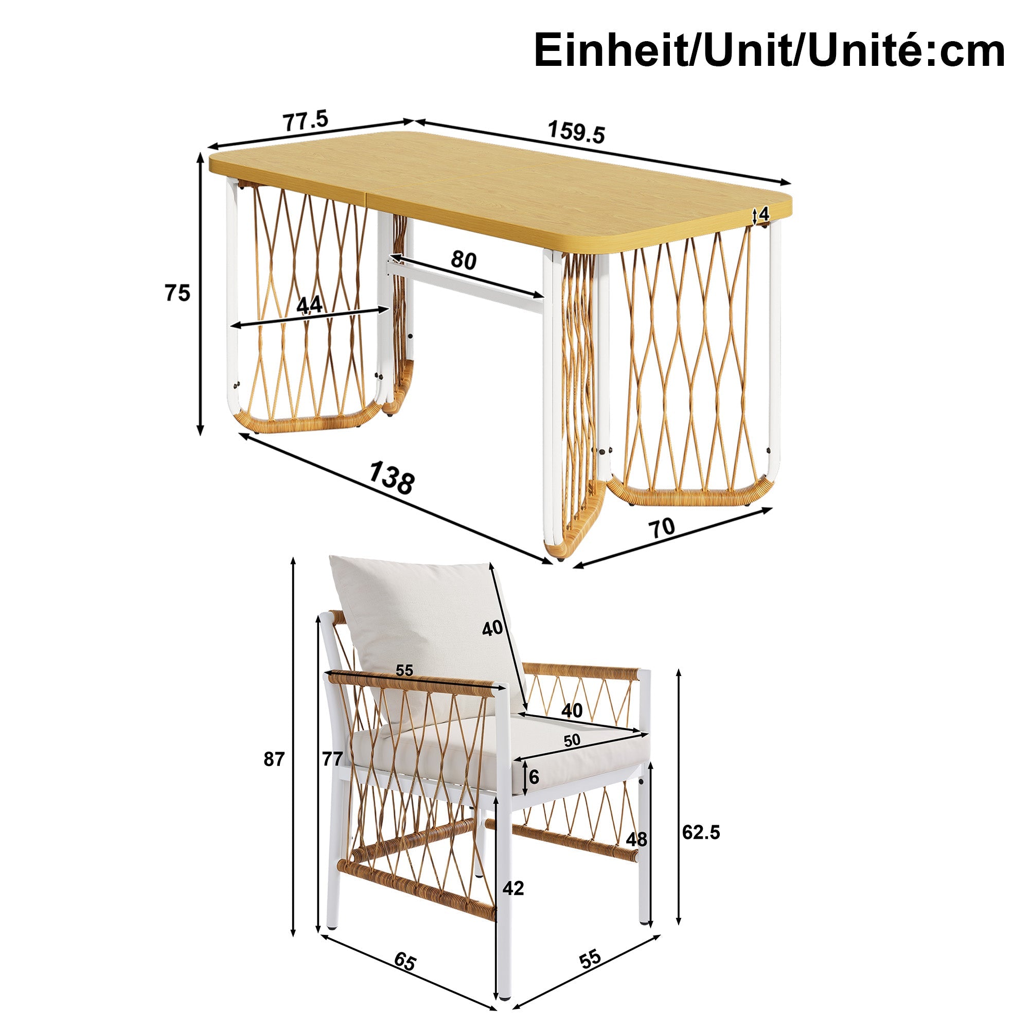 Modern Outdoor Leisure and Meeting Set with Woven Armrests and Cushions, Iron Frame