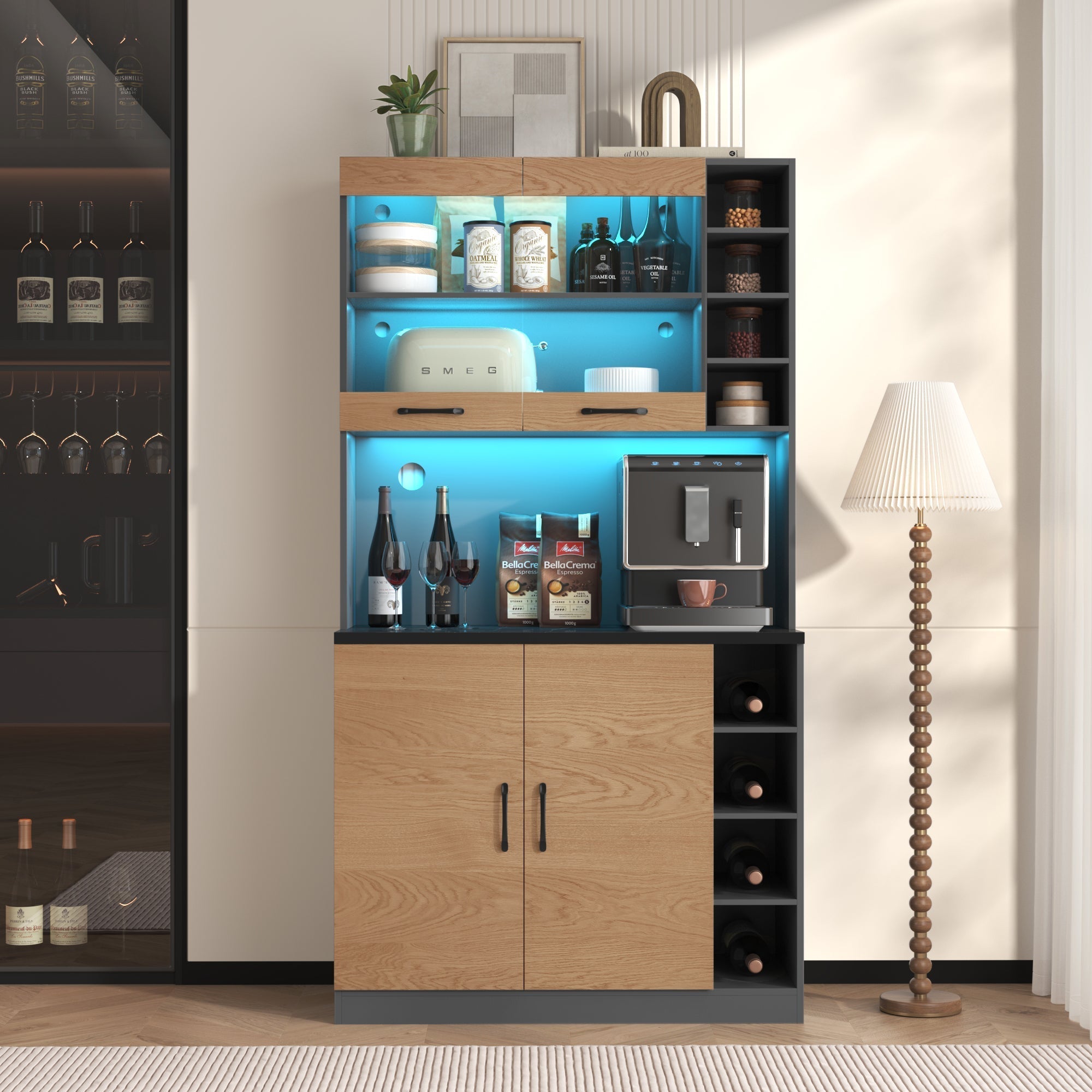 Kitchen Highboard Buffet 100x187cm LED Lighting Microwave Storage - Wooden