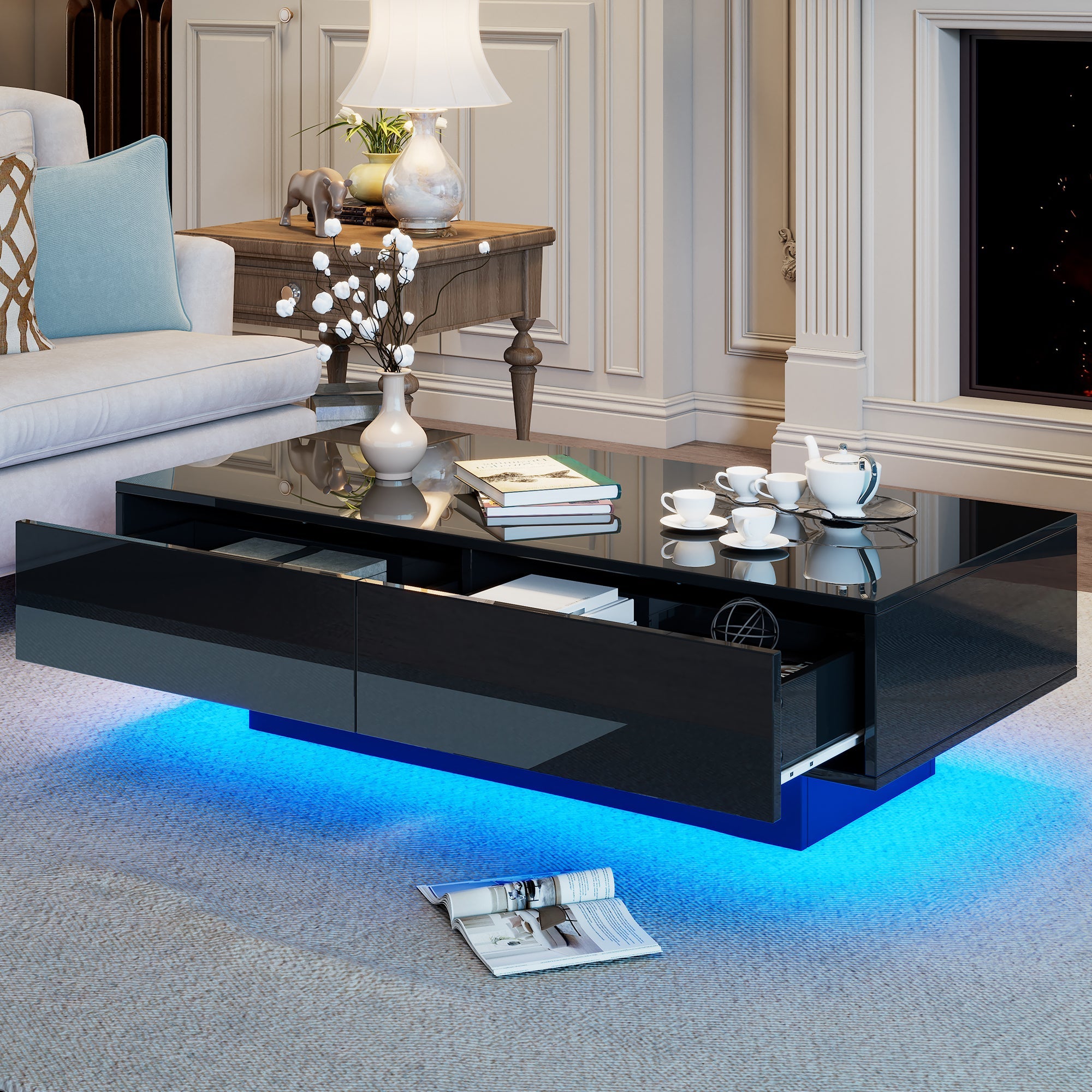 Modern Coffee Table, 115x55x34cm with 2 Drawers, LED Lighting, Black High-Gloss
