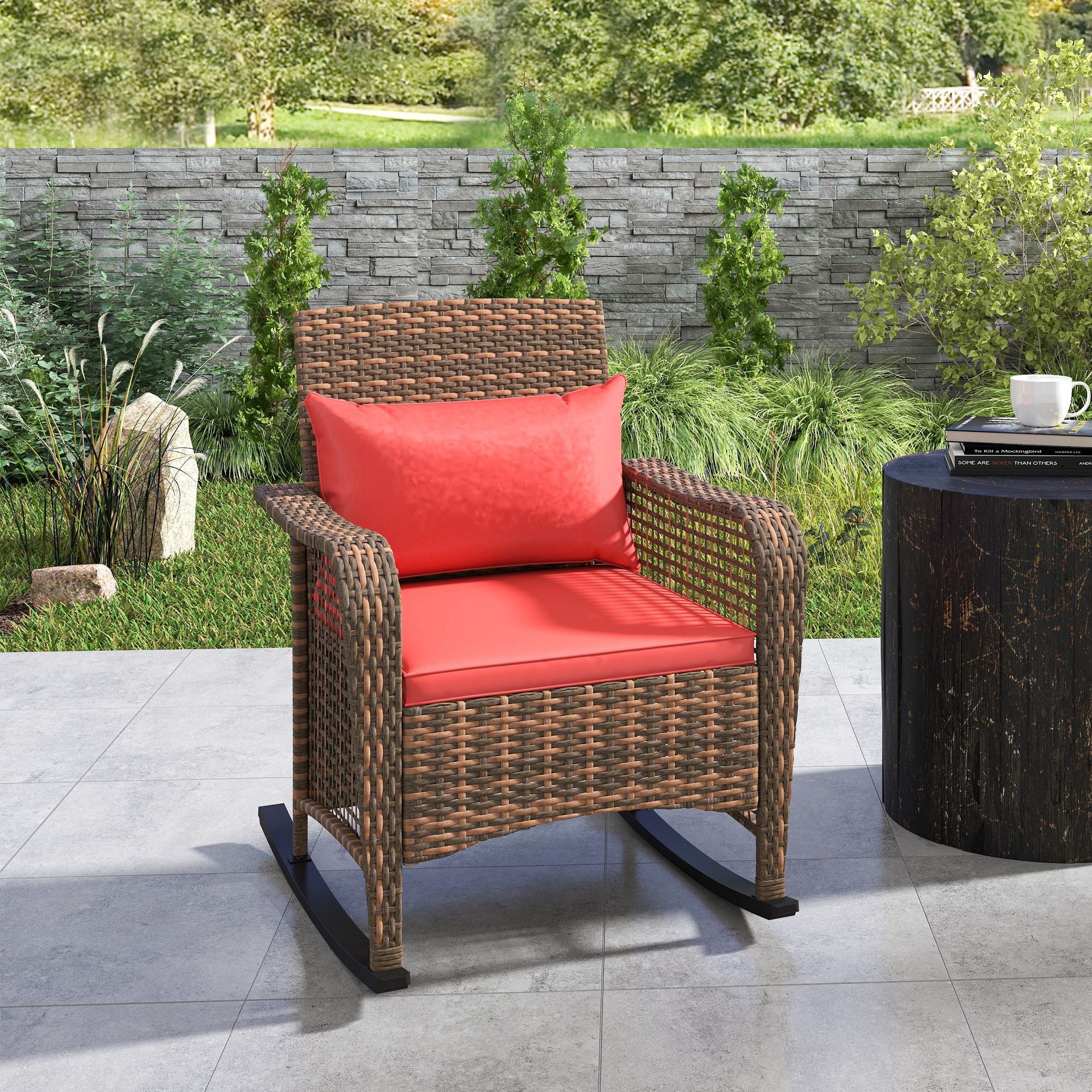 Rattan Rocking Chair Outdoor with Curved Base & Steel Frame, Red