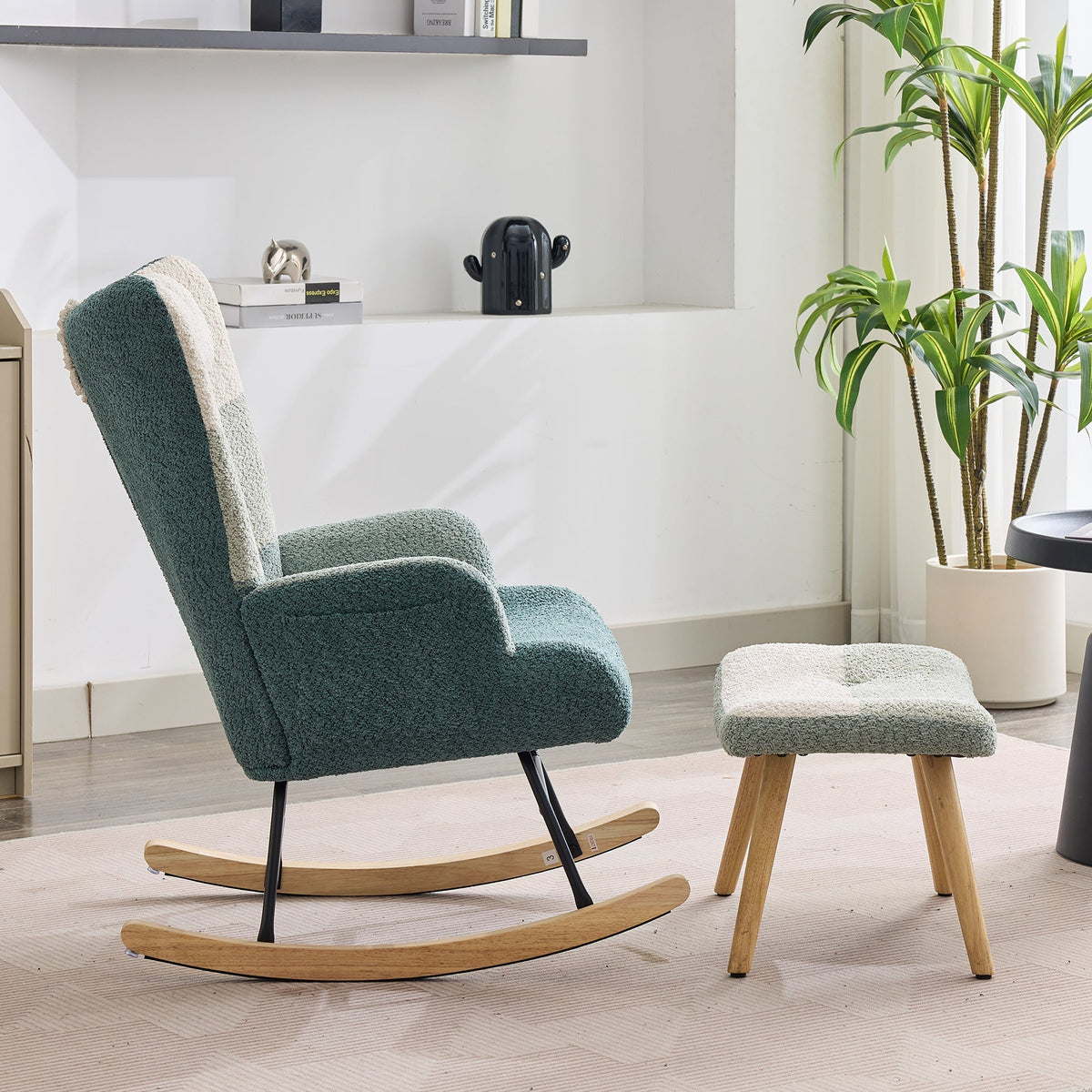 Boucle Rocking Chair Patchwork Stripe Rubberwood Iron Frame with Footstool, Colorful Look