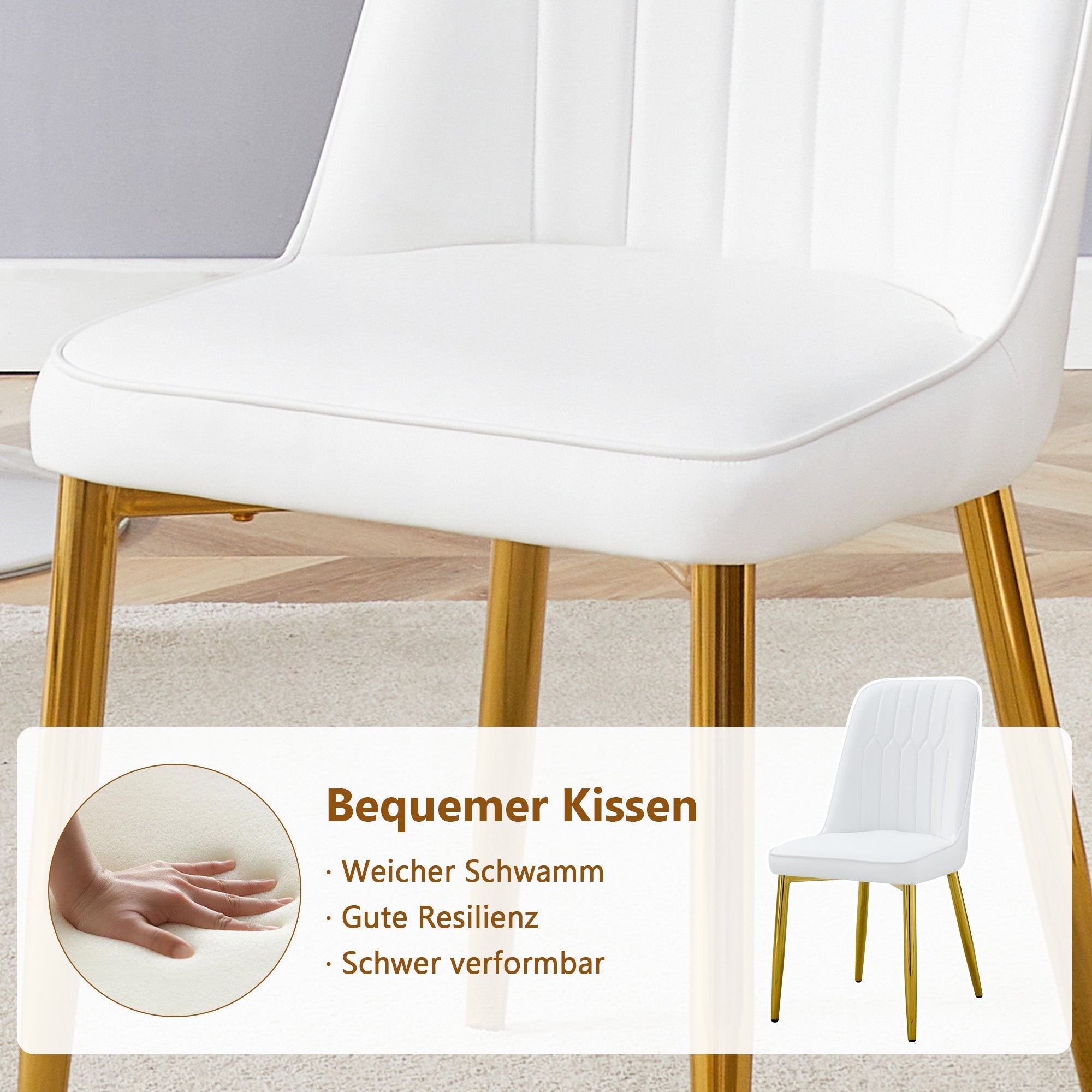 Dining Set Round Glass Table 85cm 4 PU Chairs Gold Legs - White