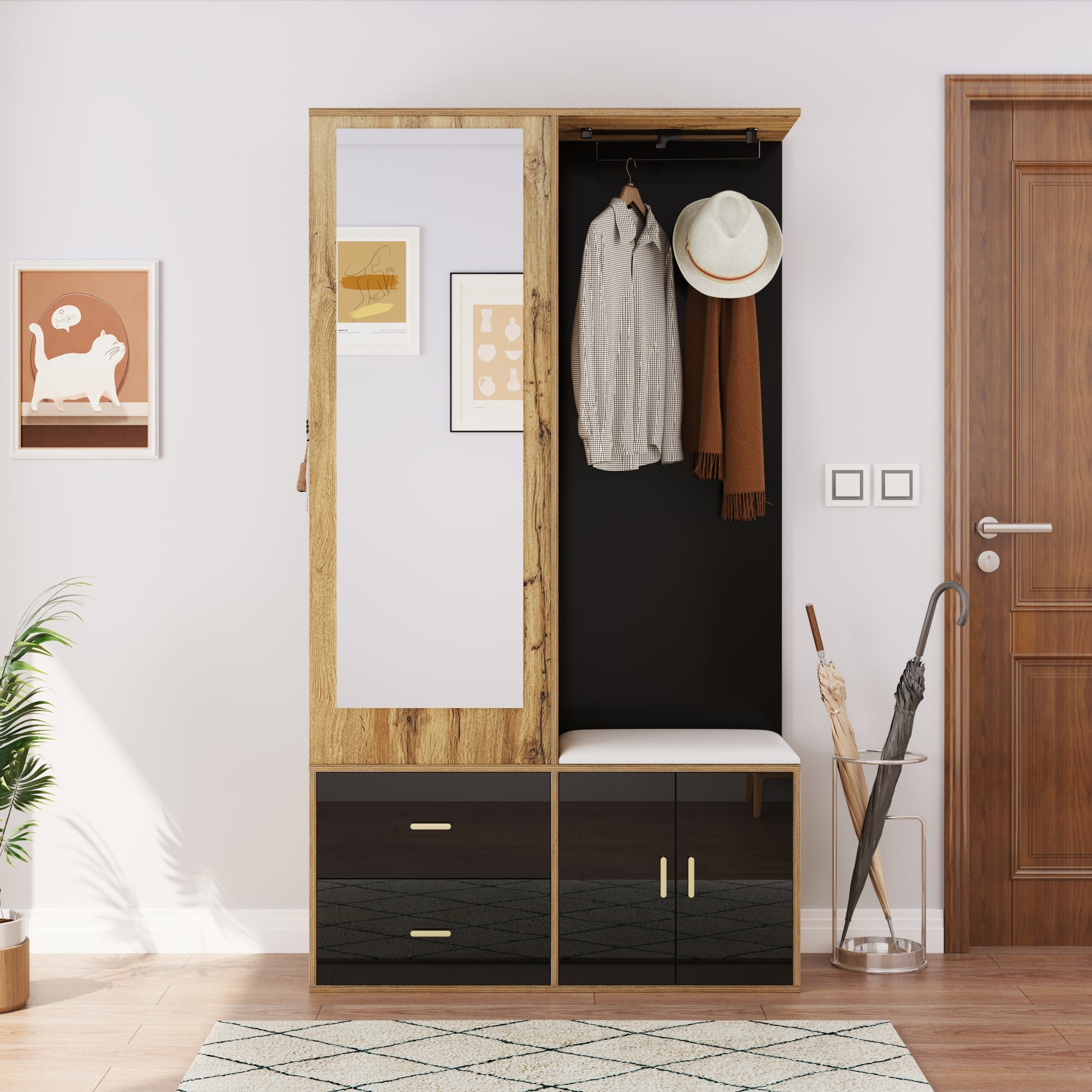 Wardrobe Set with Mirror, Shoe Cabinet & Bench, Black and Wood