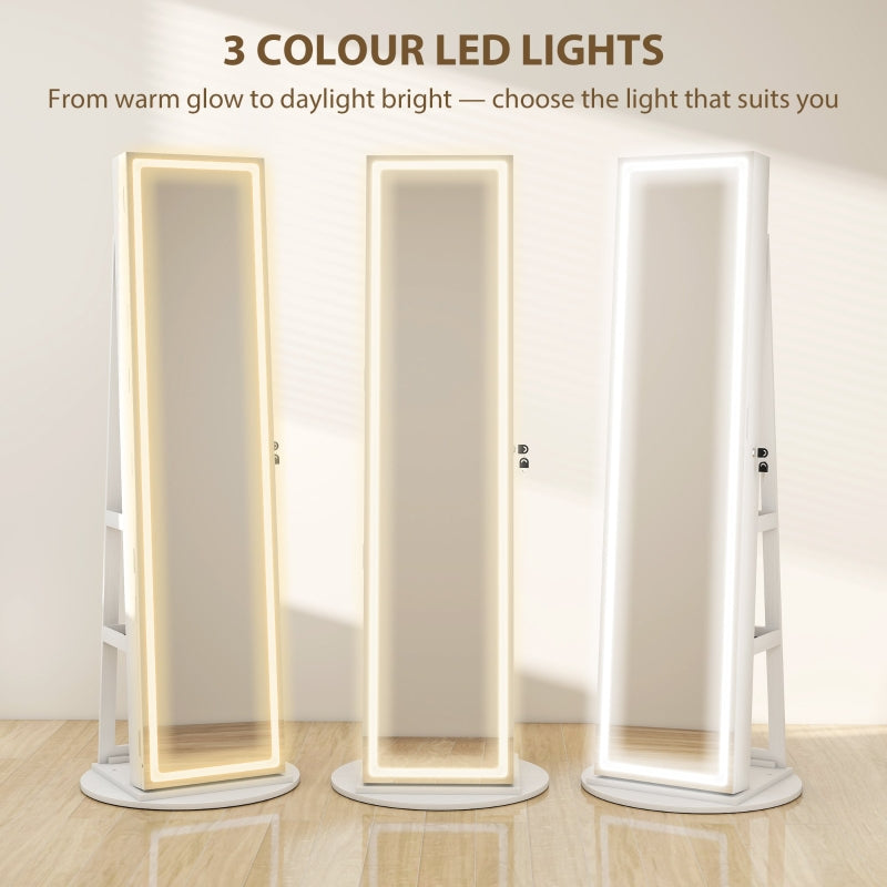 360° Swivel Mirror Jewellery Cabinet, LED Lights Lockable Storage Full Length, White