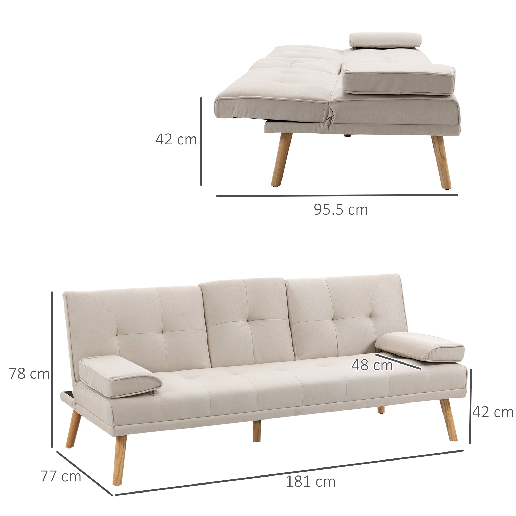 3-Seater Sofa Bed, Fold-Down Table Scandinavian Design 250kg Capacity, Linen Look Fabric