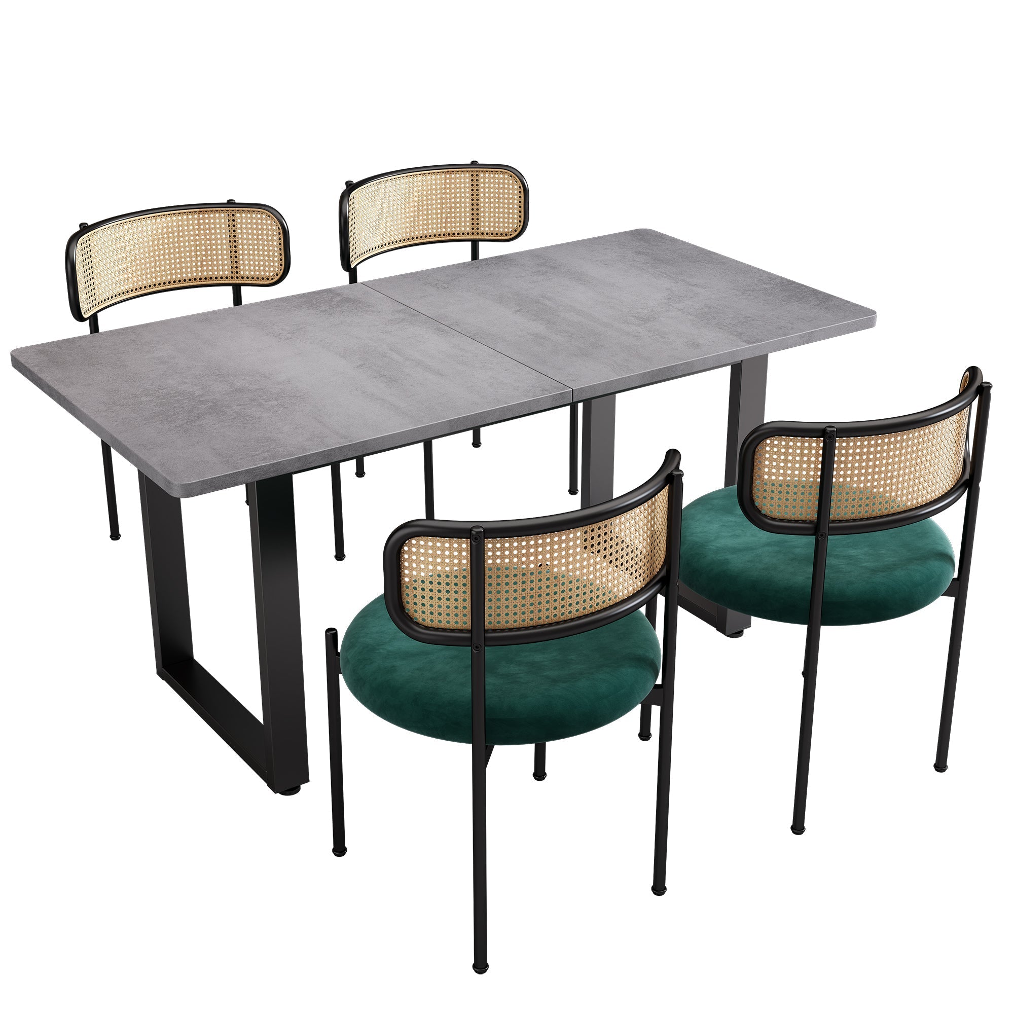 Dining Set 5-Piece Rectangular Table 4 Velvet Chairs - Grey/Green/Black