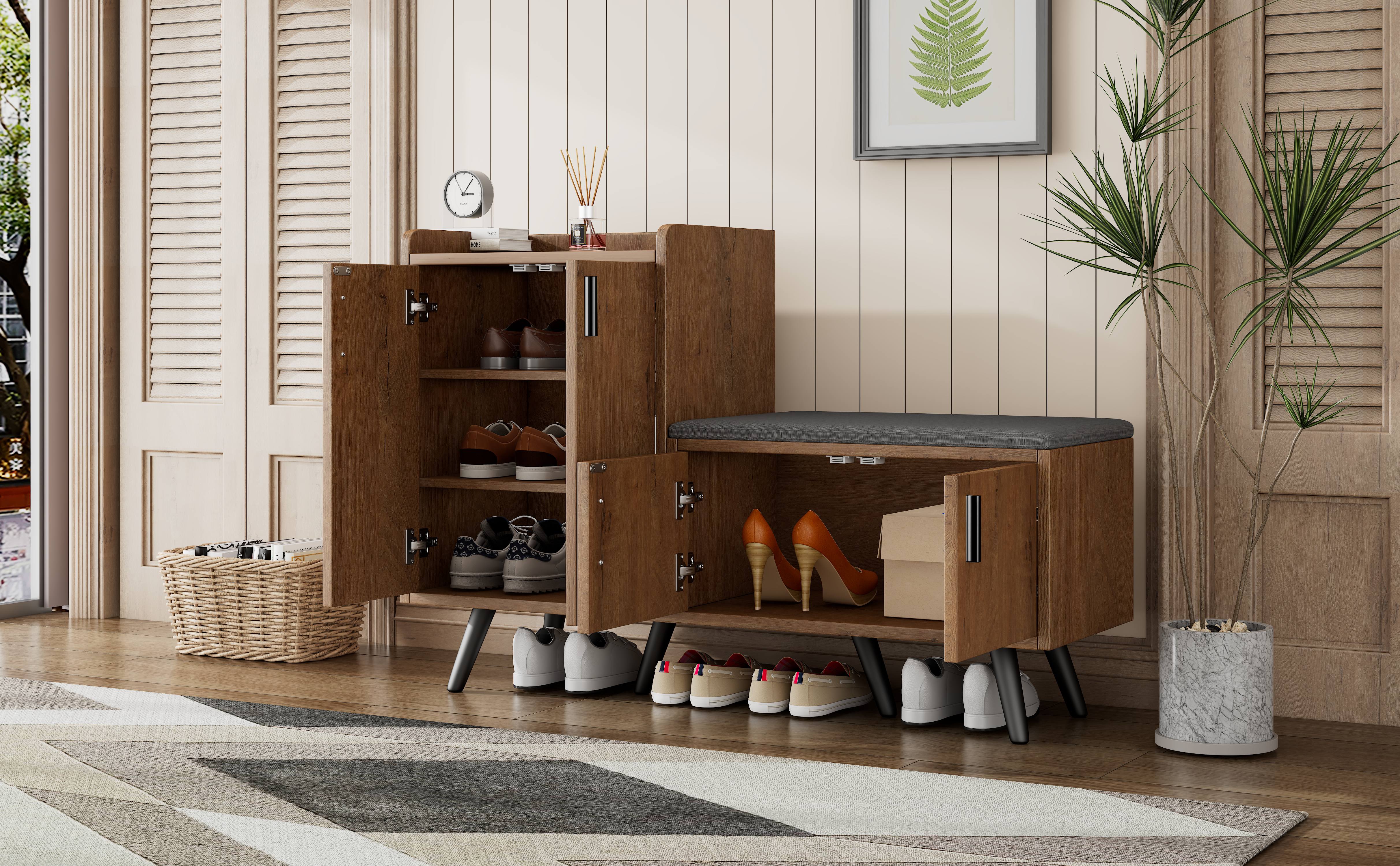 Modern shoe bench with wood grain, shoe cabinet, four storage doors, asymmetrical metal handles