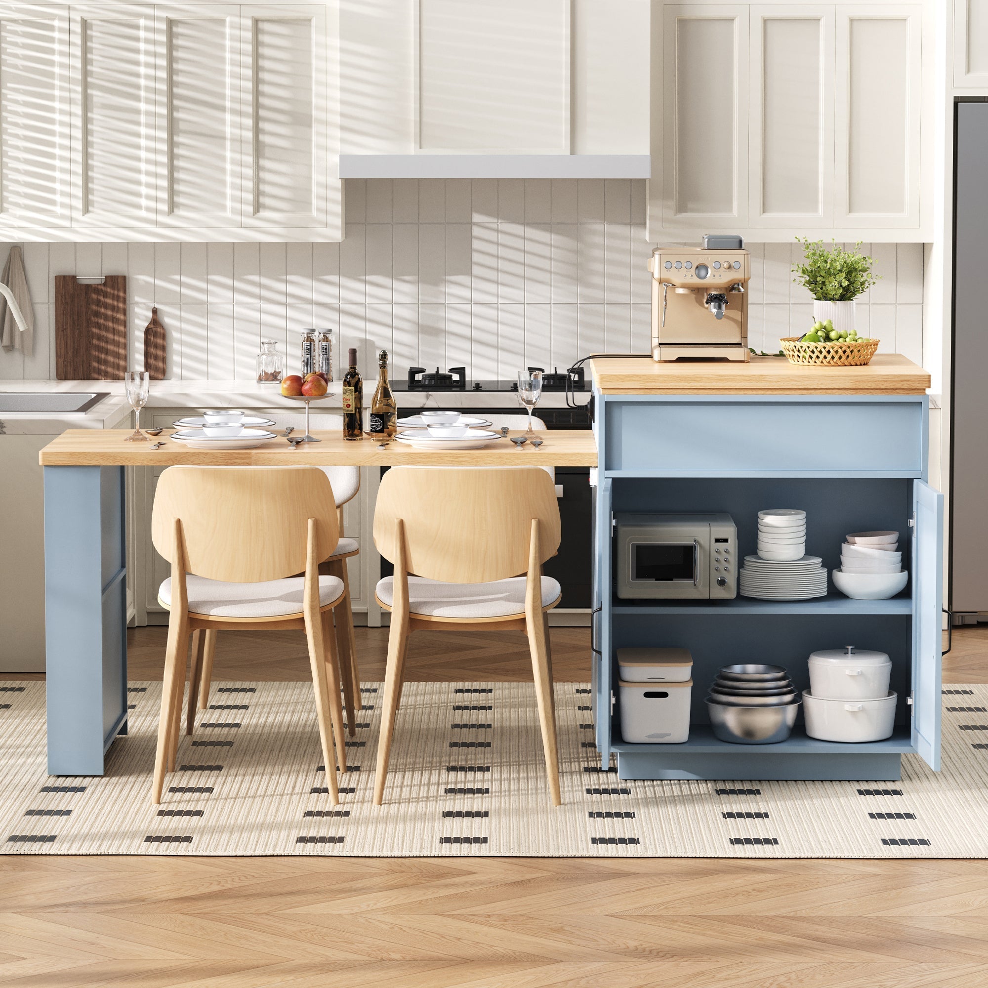Kitchen Island Extendable Dining Table with LED & Power Strips - Blue