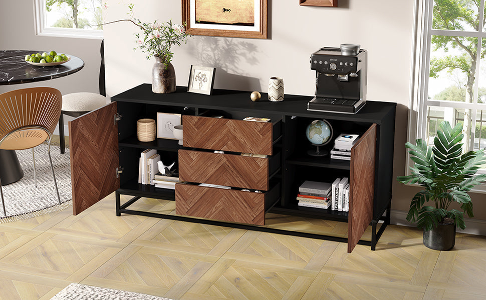 Living Room Sideboard 145cm 3 Drawers 2 Doors Adjustable Dividers - Wood/Black