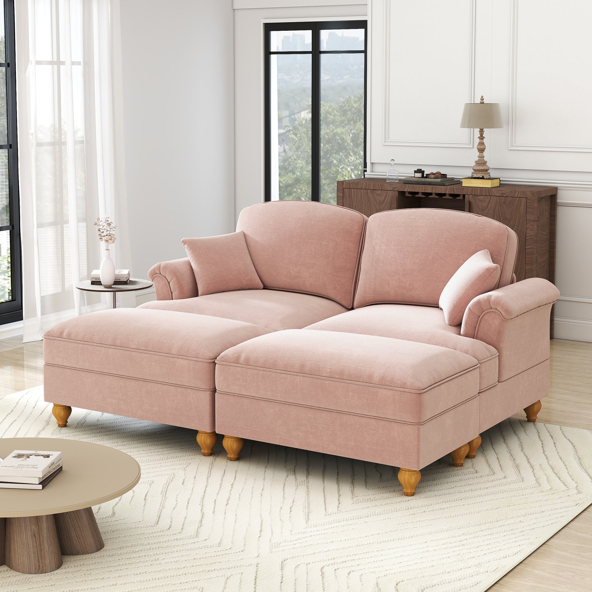 Modular 2-Seater Chenille Sofa with Funnel Armrests, Ruffled Apron & Ottoman Pink