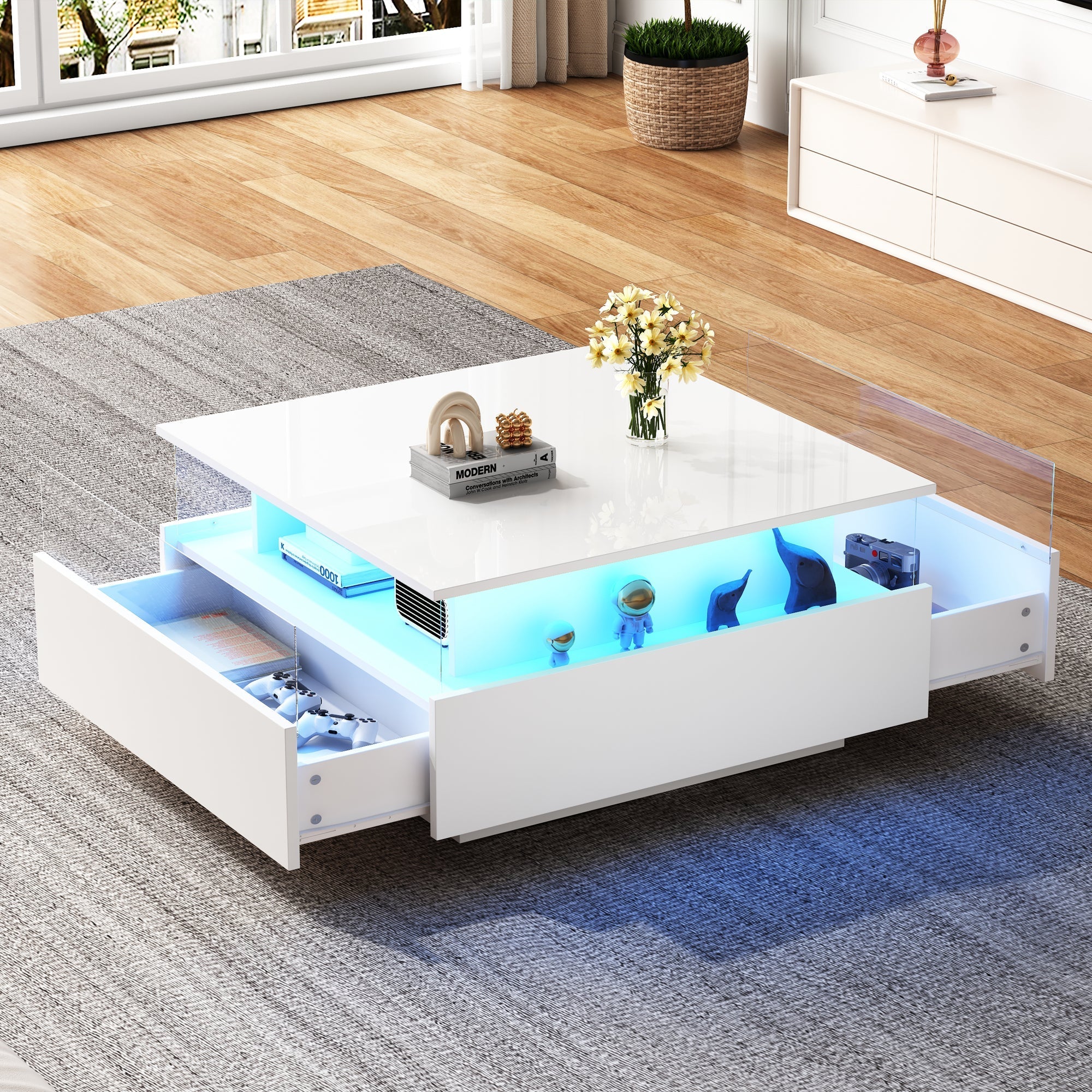 Coffee Table, Modern High-Gloss LED with 2 Drawers, Glass