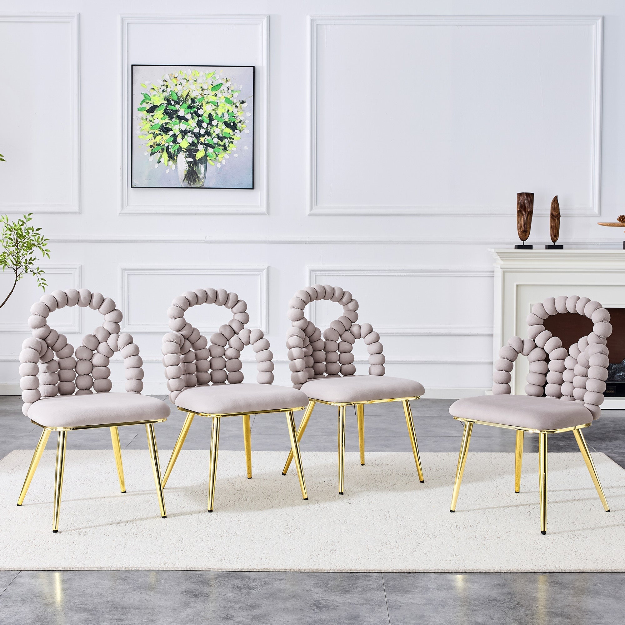 Dining Chairs Set of 2 Velvet Ball Chain Backrests Gold Legs - Light Grey