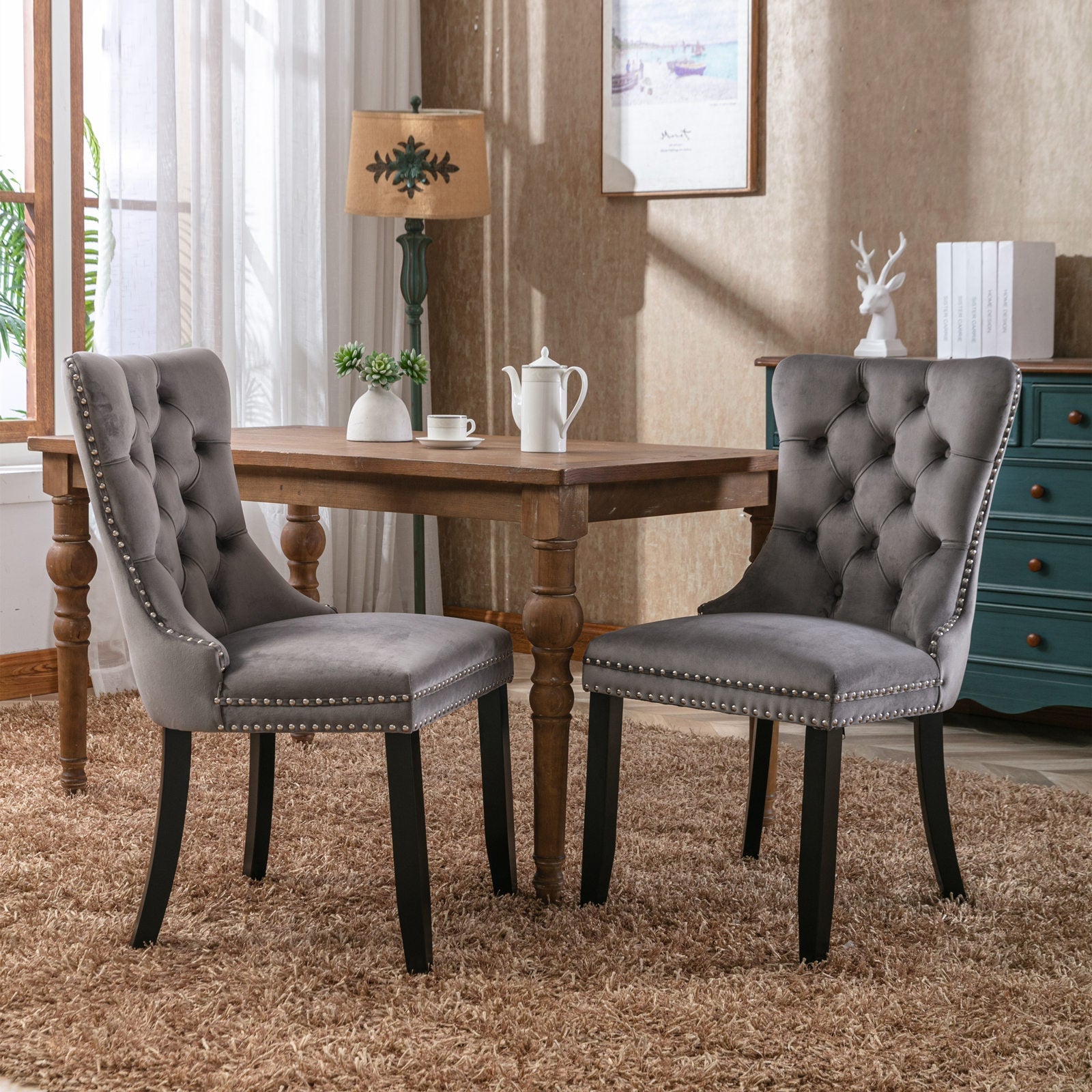 Nikki Collection Dining Chair Set 2-Pcs Tufted Upholstered Solid Wood Legs Grey Velvet