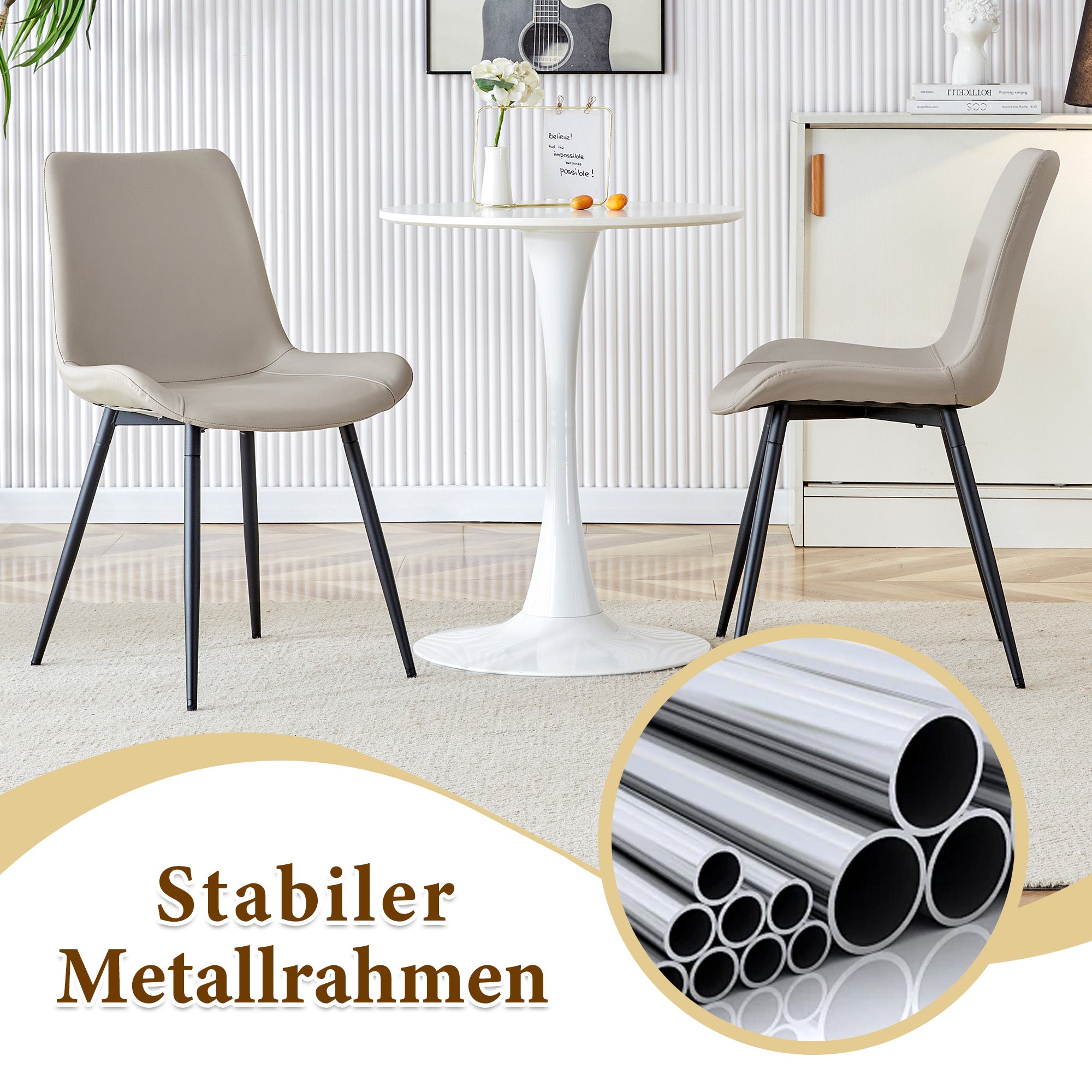 Minimalist Round Table Set 100cm 4 Armchairs - Black Wood Look/Warm Grey PU